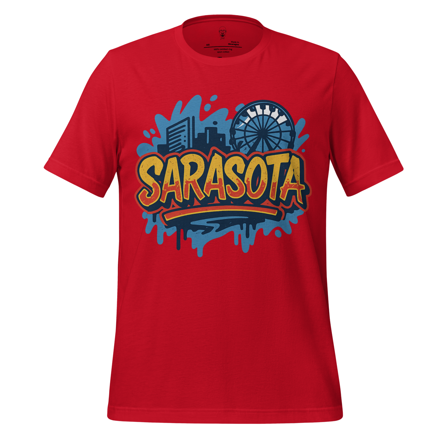 Red Sarasota Graphic T-Shirt with city skyline and Ferris wheel design on front