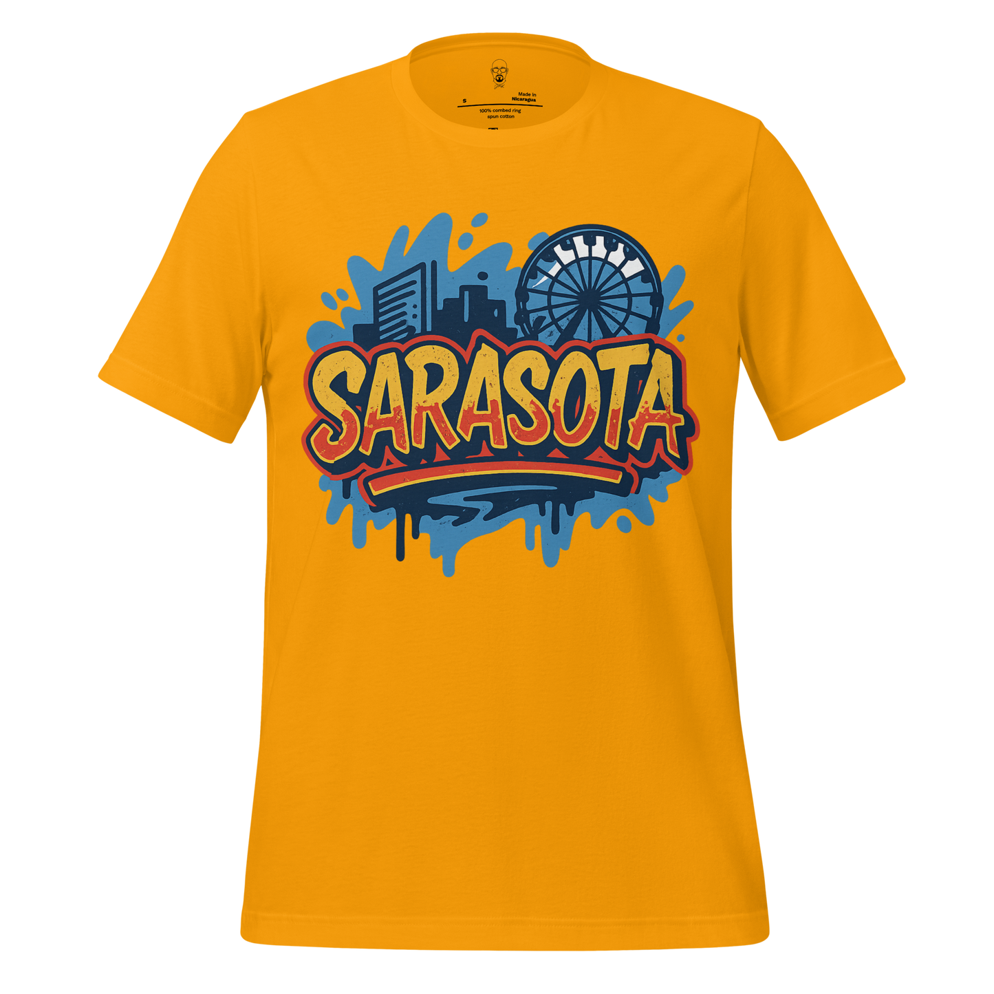 Yellow Sarasota Graphic T-Shirt with colorful city skyline and Ferris wheel design