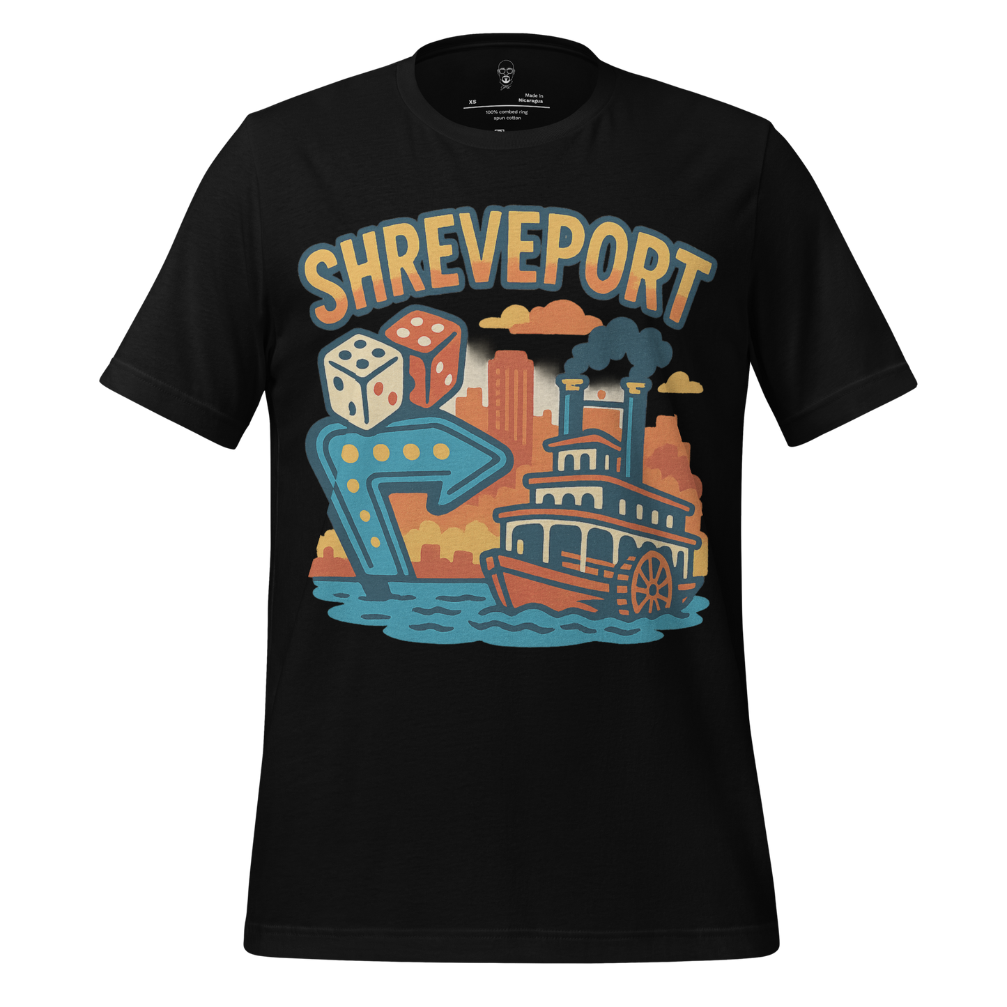 JMK Drip Shreveport graphic t-shirt with riverboat, dice, and city skyline design on black