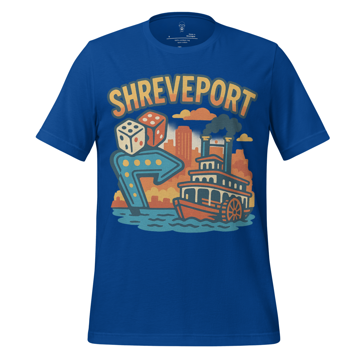 JMK Drip blue Shreveport graphic t-shirt with riverboat, dice, and city skyline design