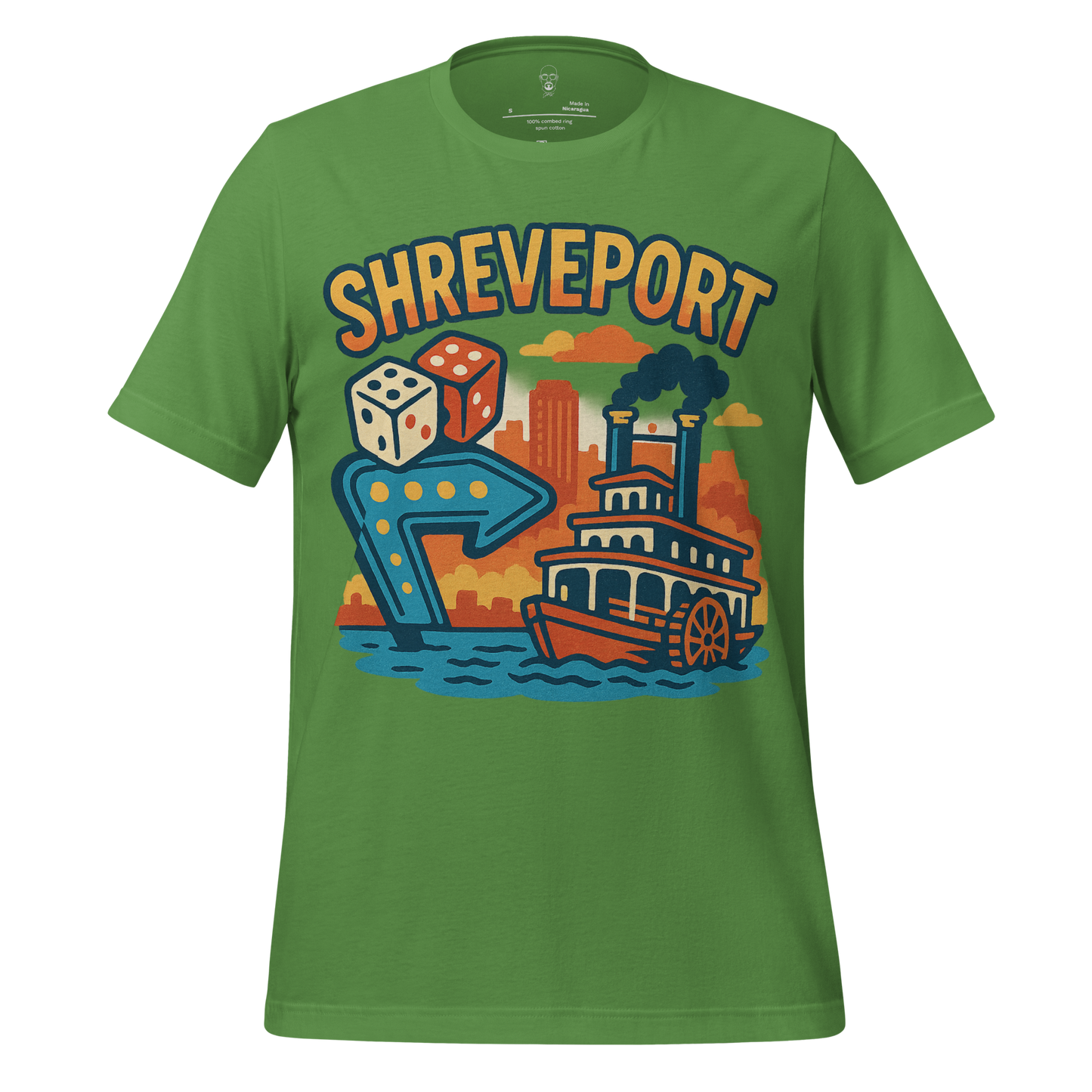 Green Shreveport graphic t-shirt with riverboat and dice design by JMK Drip