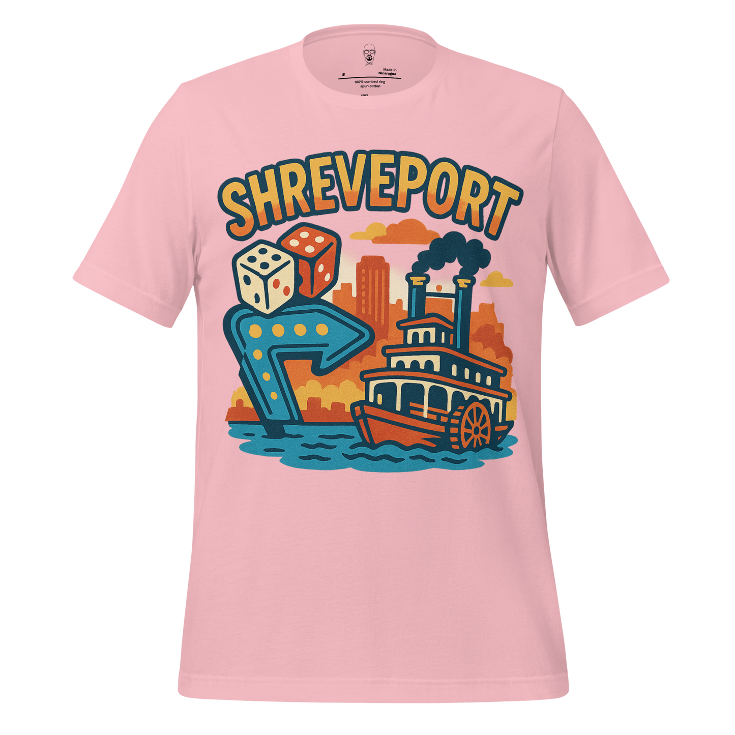 Pink JMK Drip Shreveport graphic t-shirt featuring a riverboat, city skyline, dice, and arrow design
