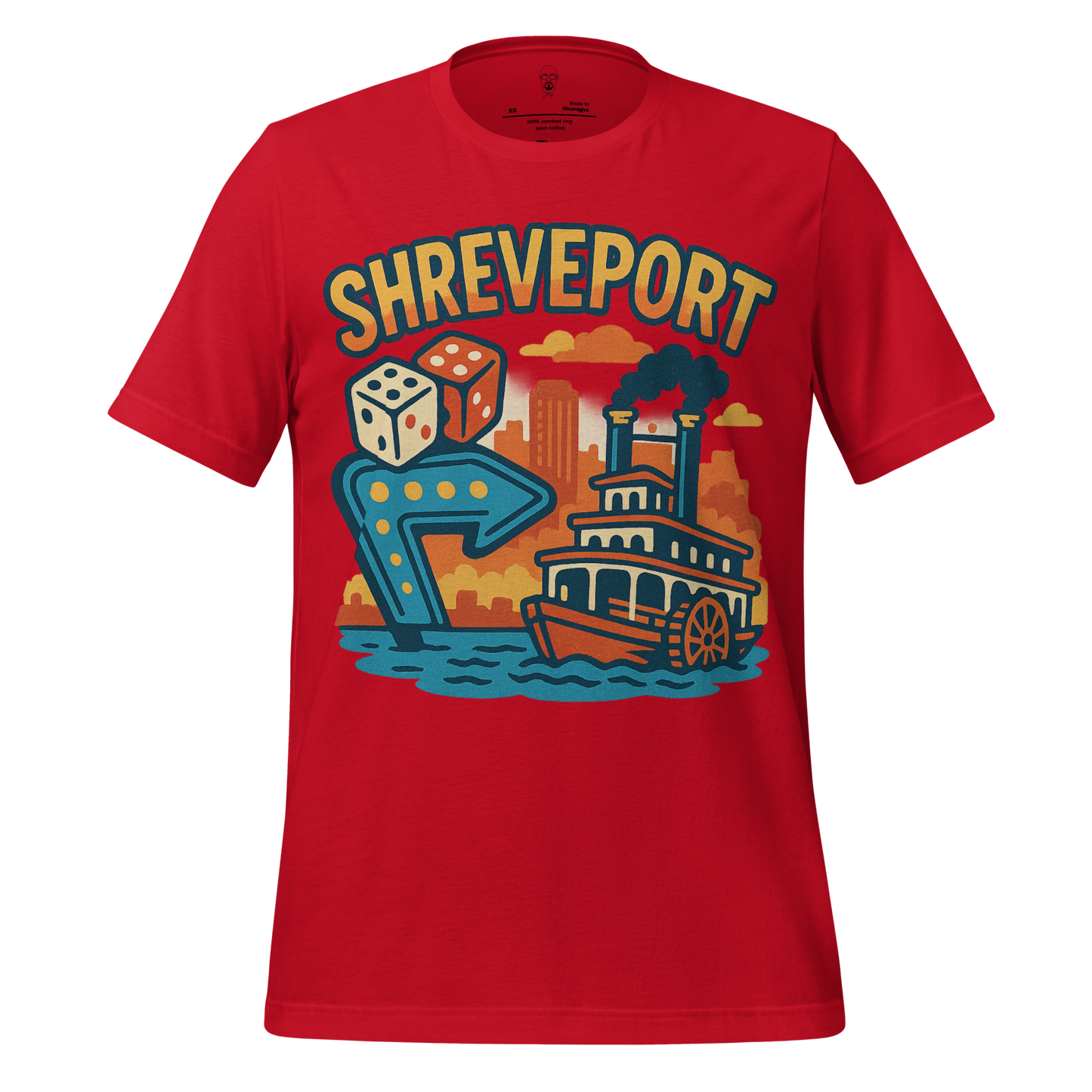 JMK Drip red Shreveport graphic t-shirt featuring riverboat, dice, and city skyline design