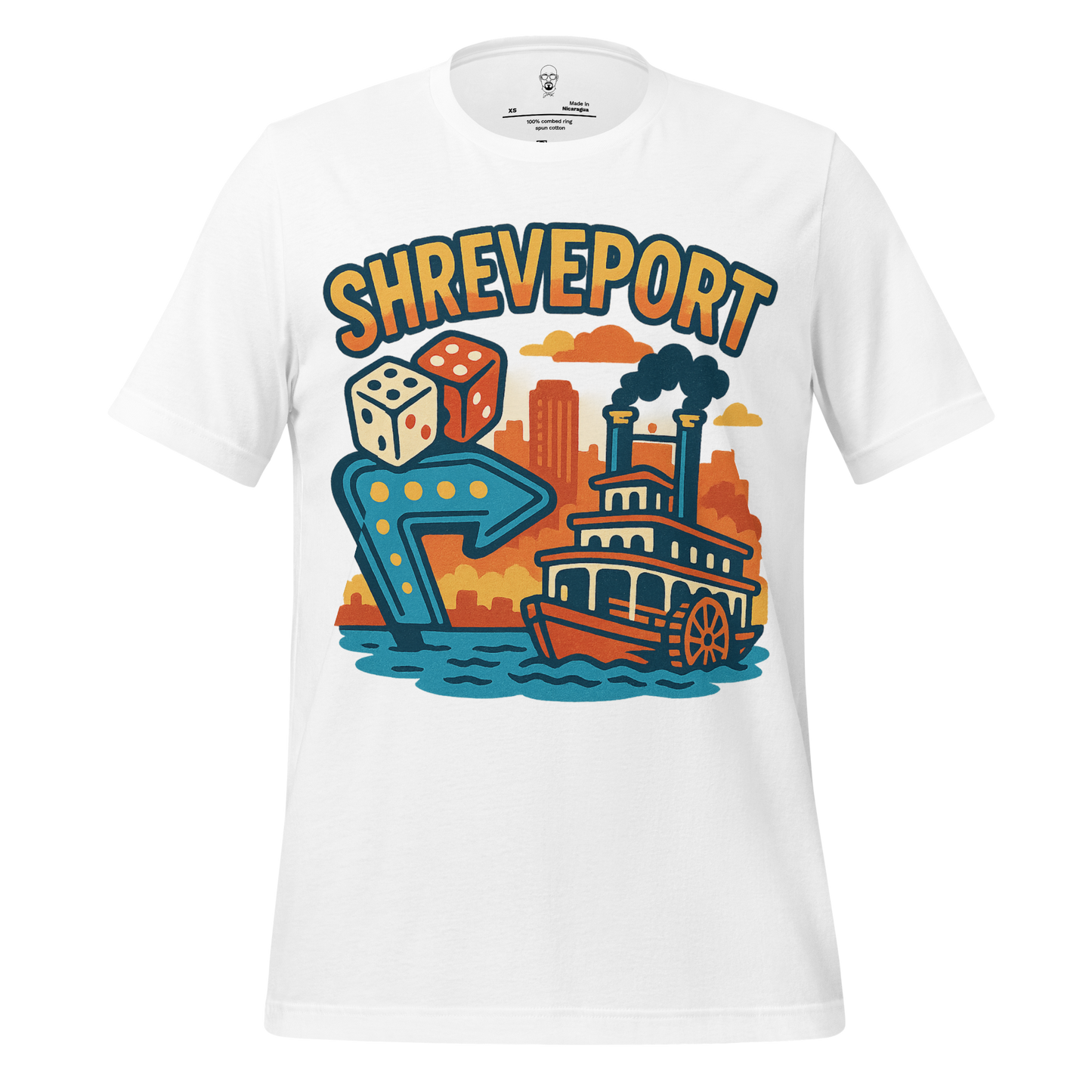White Shreveport graphic t-shirt with colorful steamboat, dice, and city skyline design