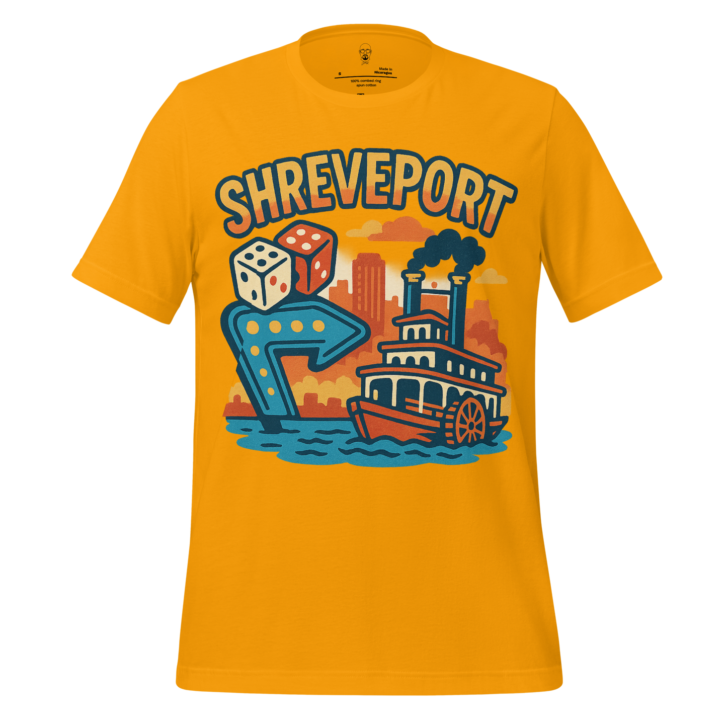 JMK Drip Shreveport graphic t-shirt in yellow with steamboat, dice, and city skyline design