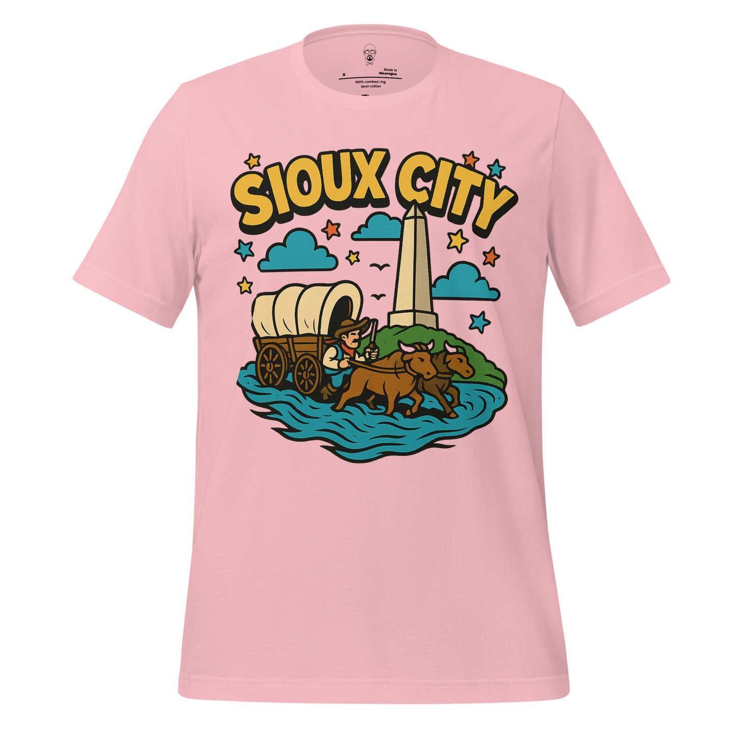 Pink Sioux City Graphic T-Shirt with colorful wagon and horses design by JMK Drip
