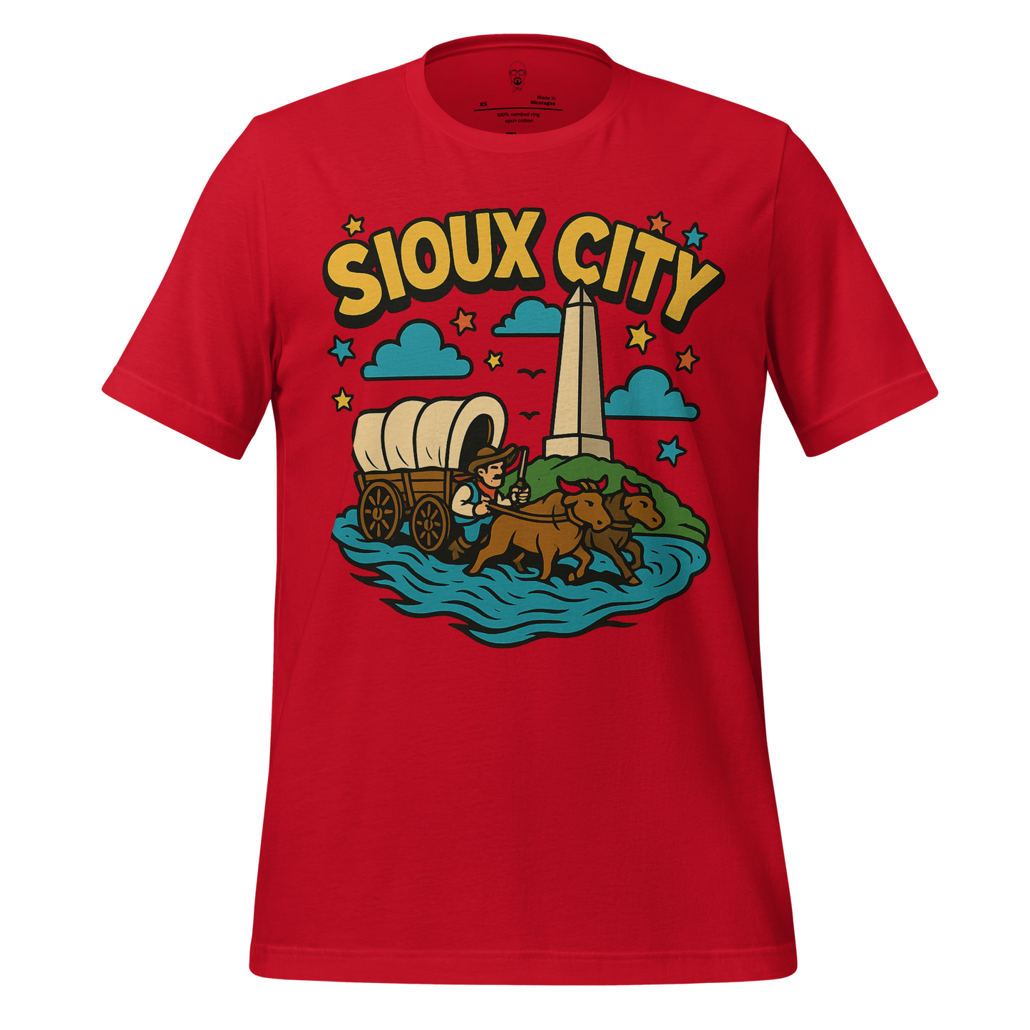 Red Sioux City Graphic T-Shirt with wagon, oxen, monument, and colorful stars design