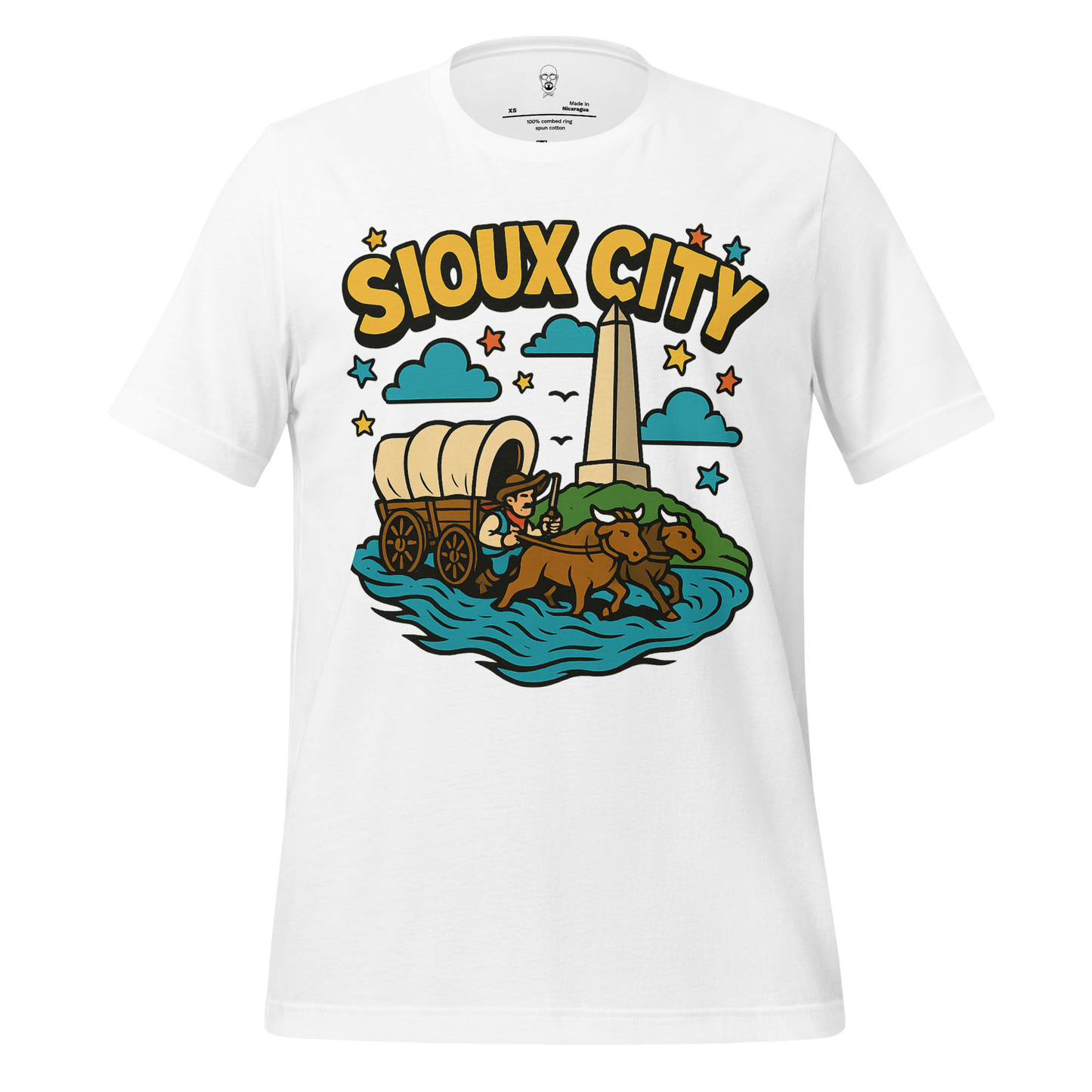 JMK Drip Sioux City Graphic T-Shirt featuring a covered wagon and oxen design with colorful stars and clouds