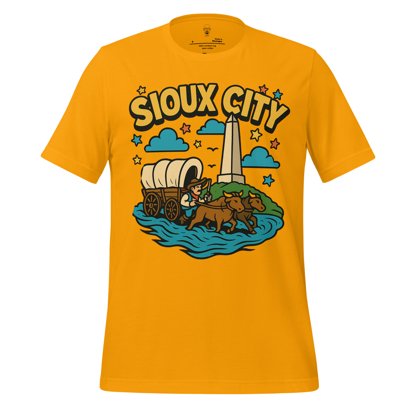 JMK Drip Sioux City Graphic T-Shirt in yellow with vintage wagon and monument design