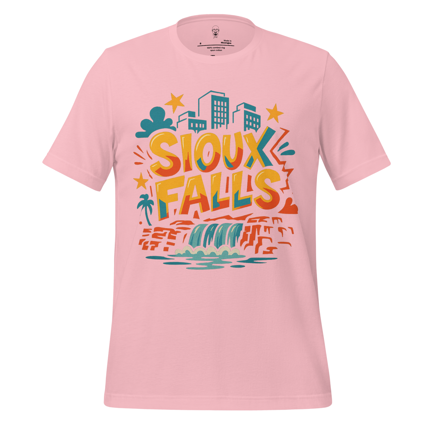 Pink Sioux Falls graphic tee with colorful cityscape and waterfall design by JMK Drip