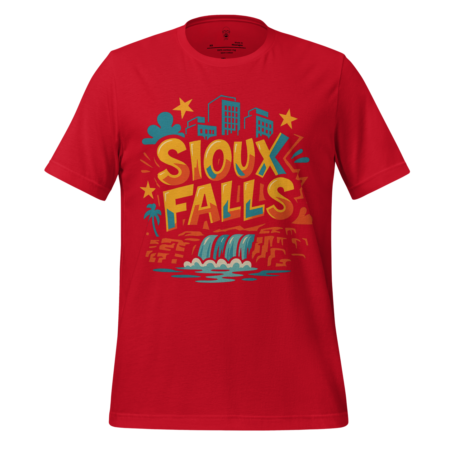 Red Sioux Falls graphic tee with colorful cityscape and waterfall design from JMK Drip