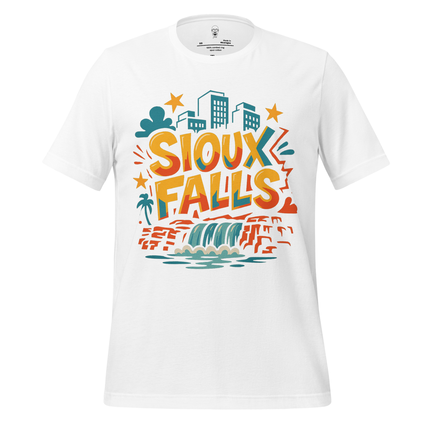 White Sioux Falls graphic tee with colorful cityscape and waterfall design by JMK Drip