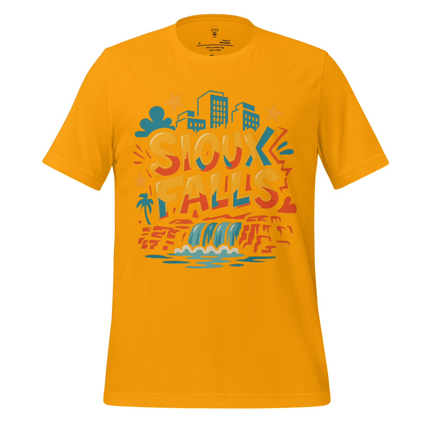Yellow Sioux Falls graphic tee with colorful cityscape and waterfall design by JMK Drip
