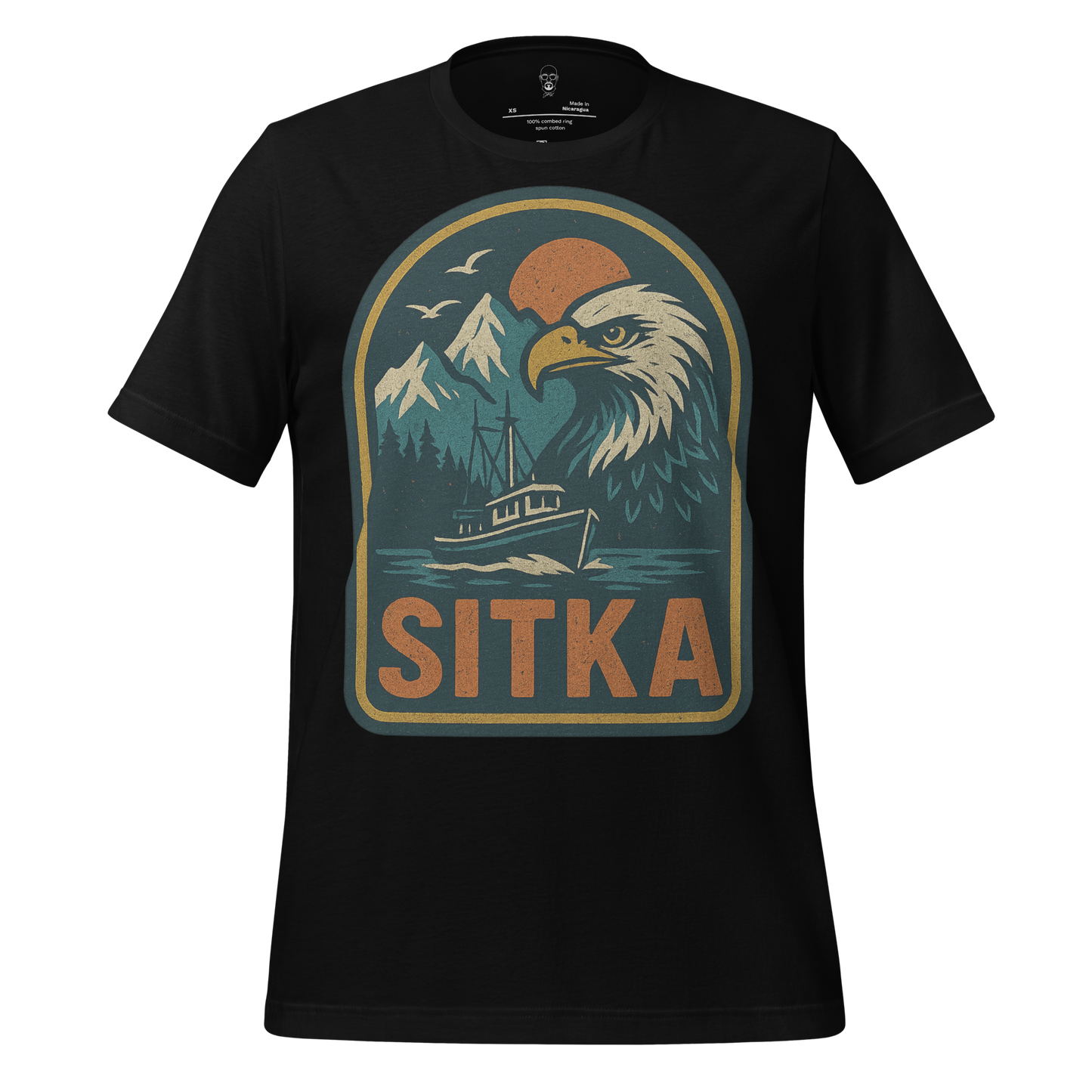 Black Sitka Graphic T-Shirt by JMK Drip featuring eagle, mountain, and boat design