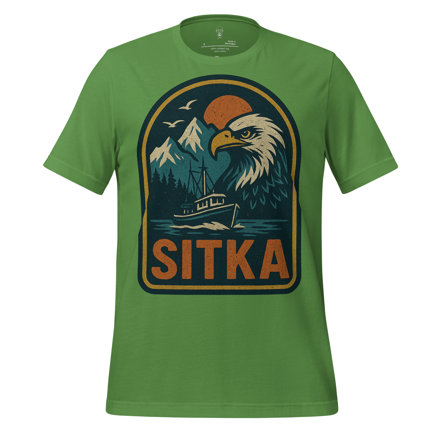 Green Sitka Graphic T-Shirt featuring eagle, boat, mountains, and sunset design by JMK Drip