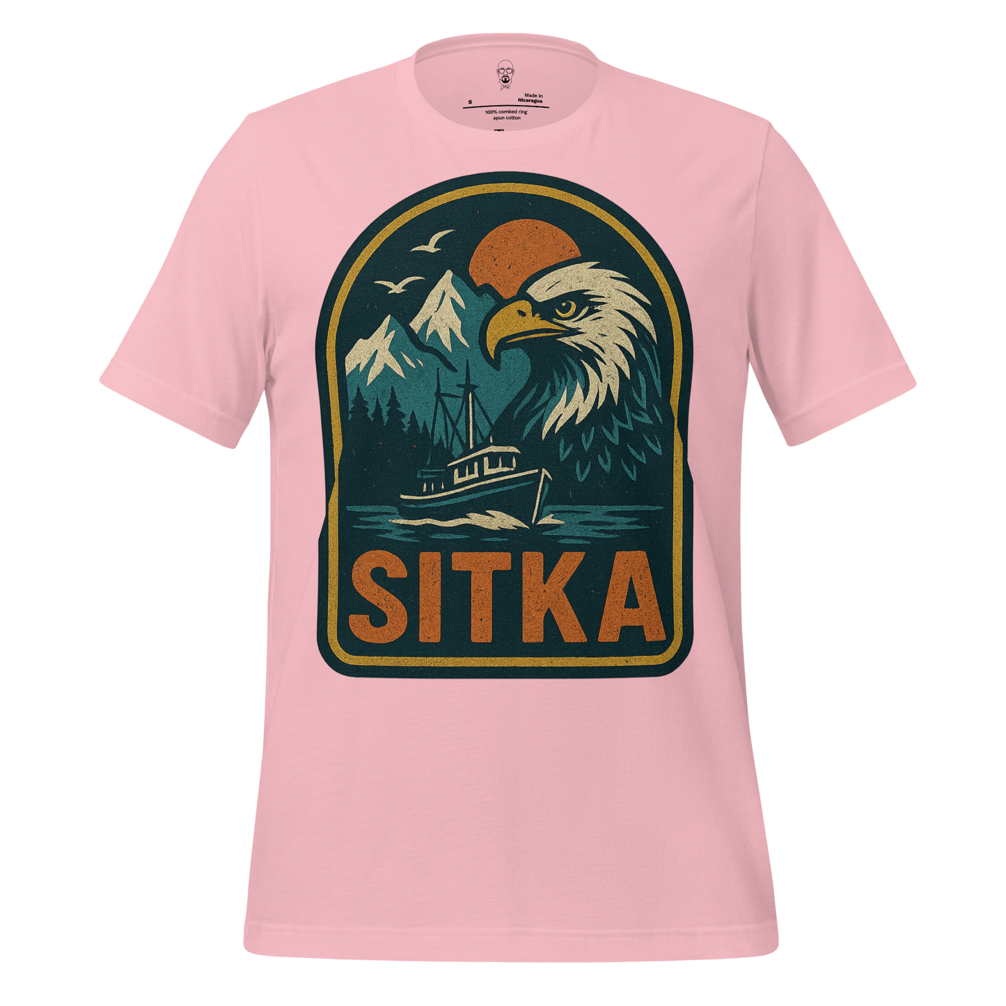 Pink Sitka Graphic T-Shirt featuring eagle, mountains, boat, and sunset design