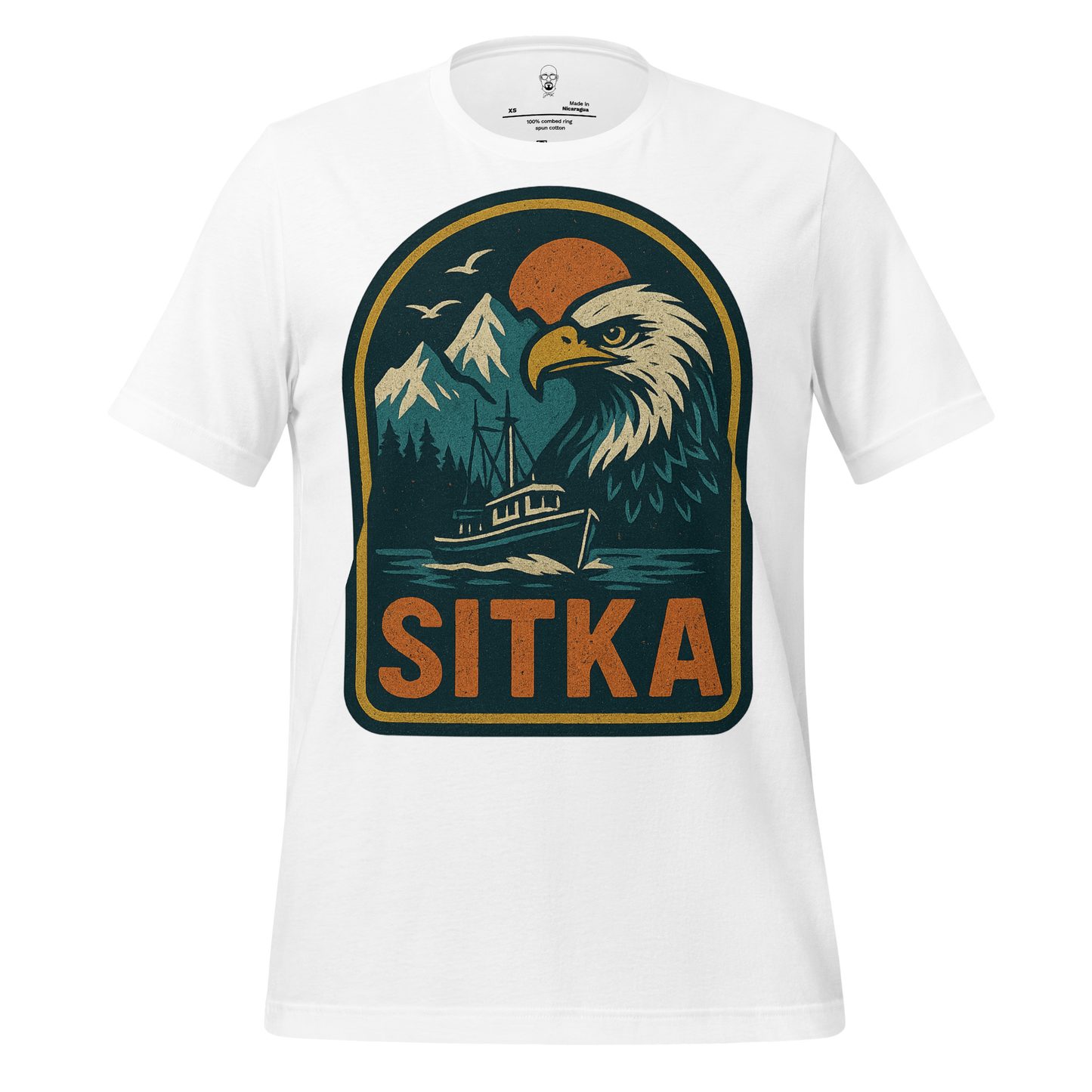 JMK Drip white Sitka Graphic T-Shirt featuring eagle, boat, mountains, and sunset design