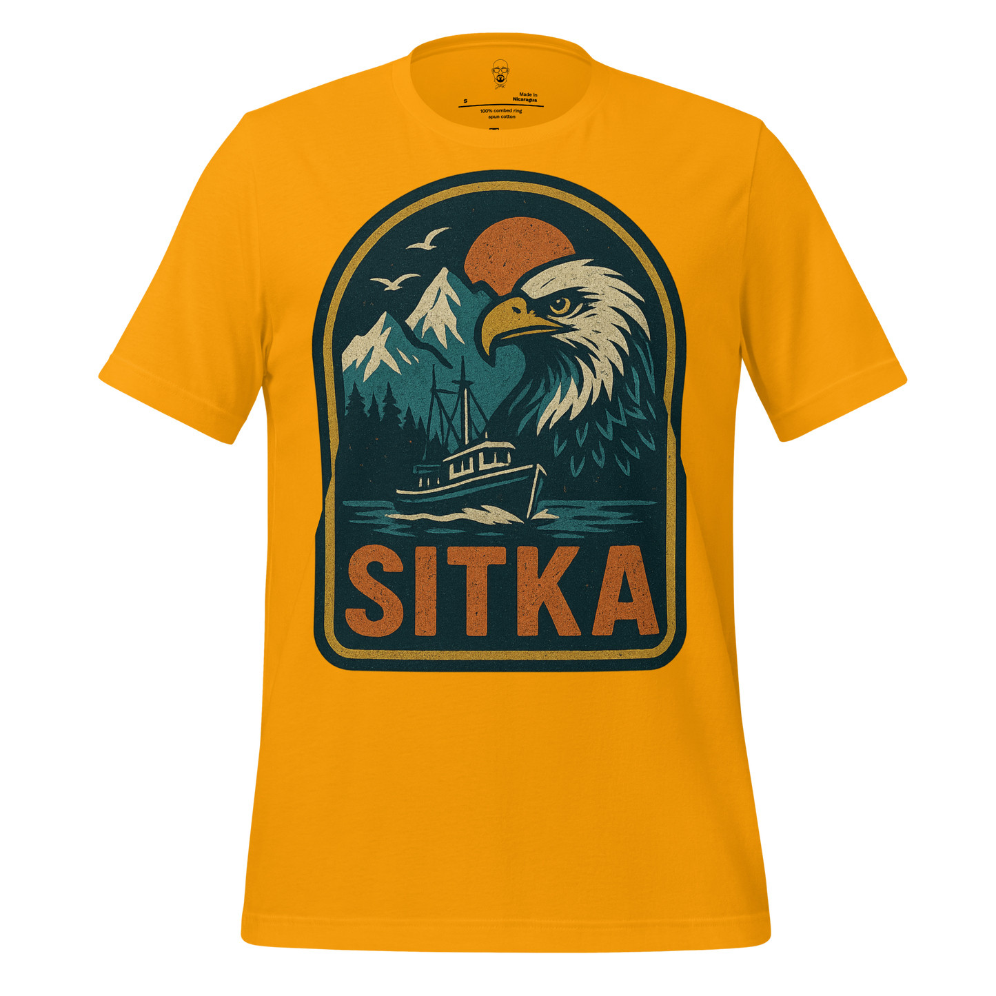JMK Drip Sitka Graphic T-Shirt in mustard yellow featuring eagle, mountains, boat, and forest design