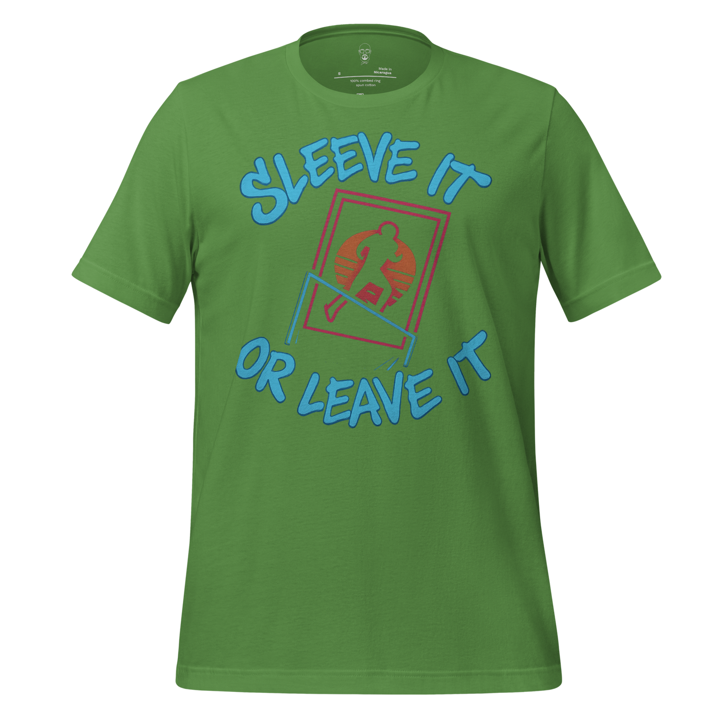 Green crew neck sleeve it or leave it shirt with blue text and red graphic design on front