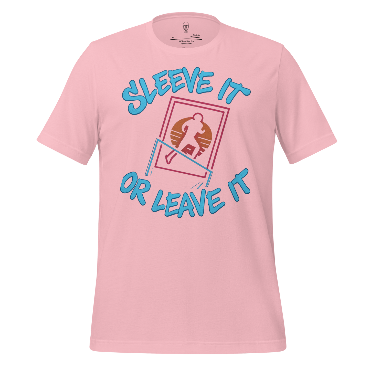 Pink JMK Drip sleeve it or leave it shirt with graphic running figure and blue text
