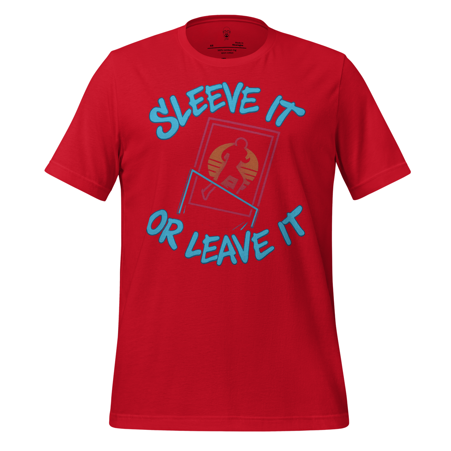 Red JMK Drip sleeve it or leave it shirt with blue text and graphic design on front