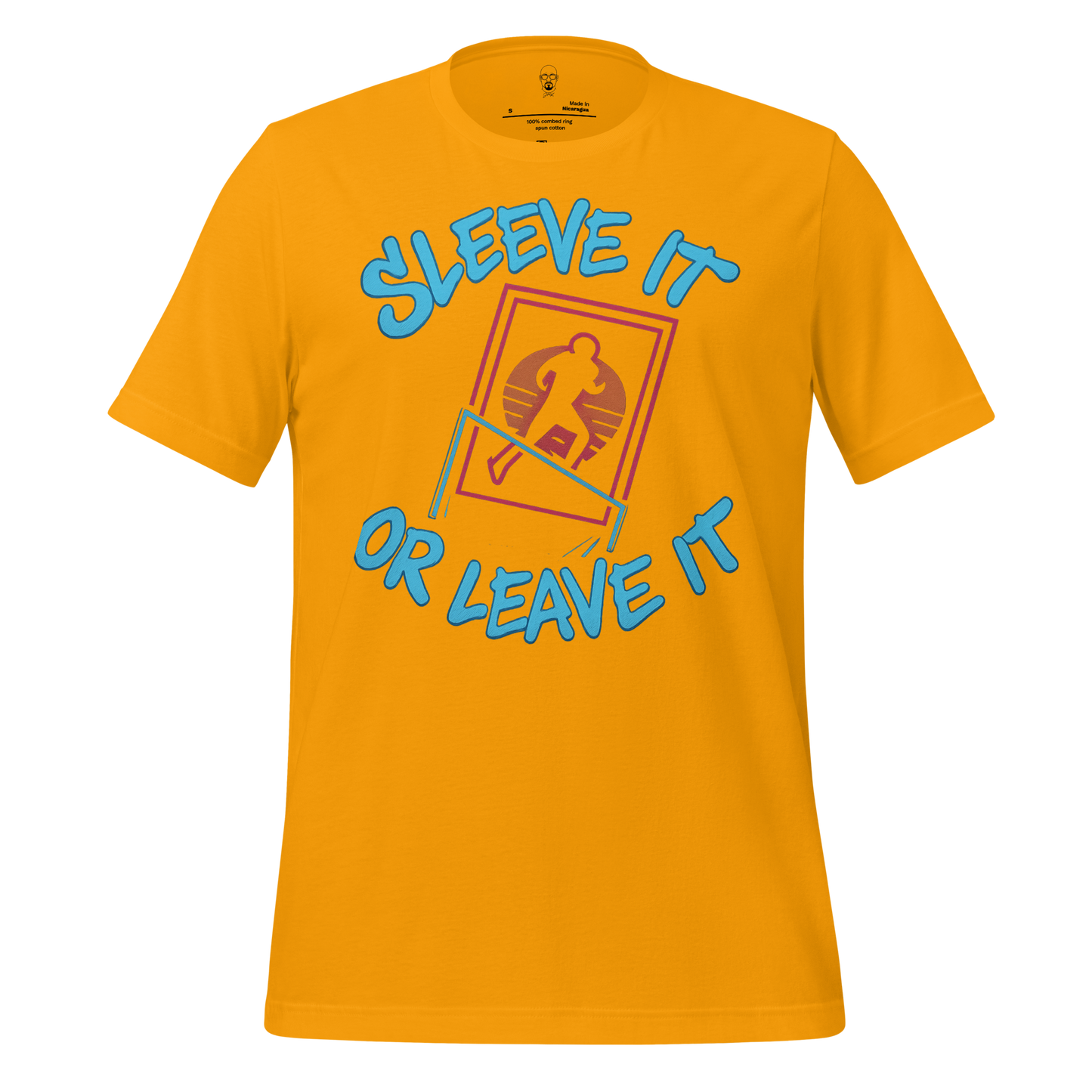Yellow sleeve it or leave it shirt by JMK Drip with blue text and running athlete graphic