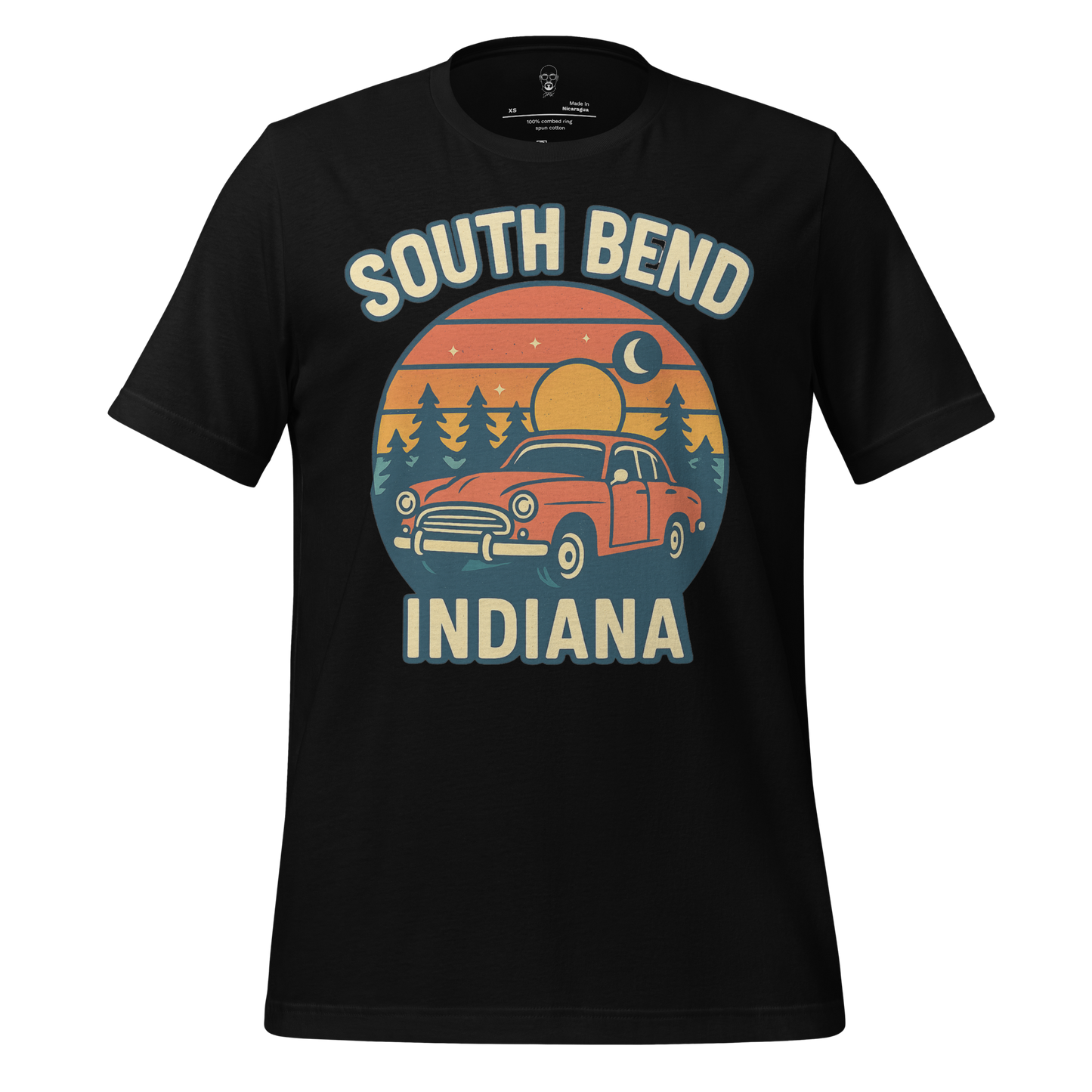 Black South Bend Graphic T-Shirt with vintage car and sunset design from JMK Drip