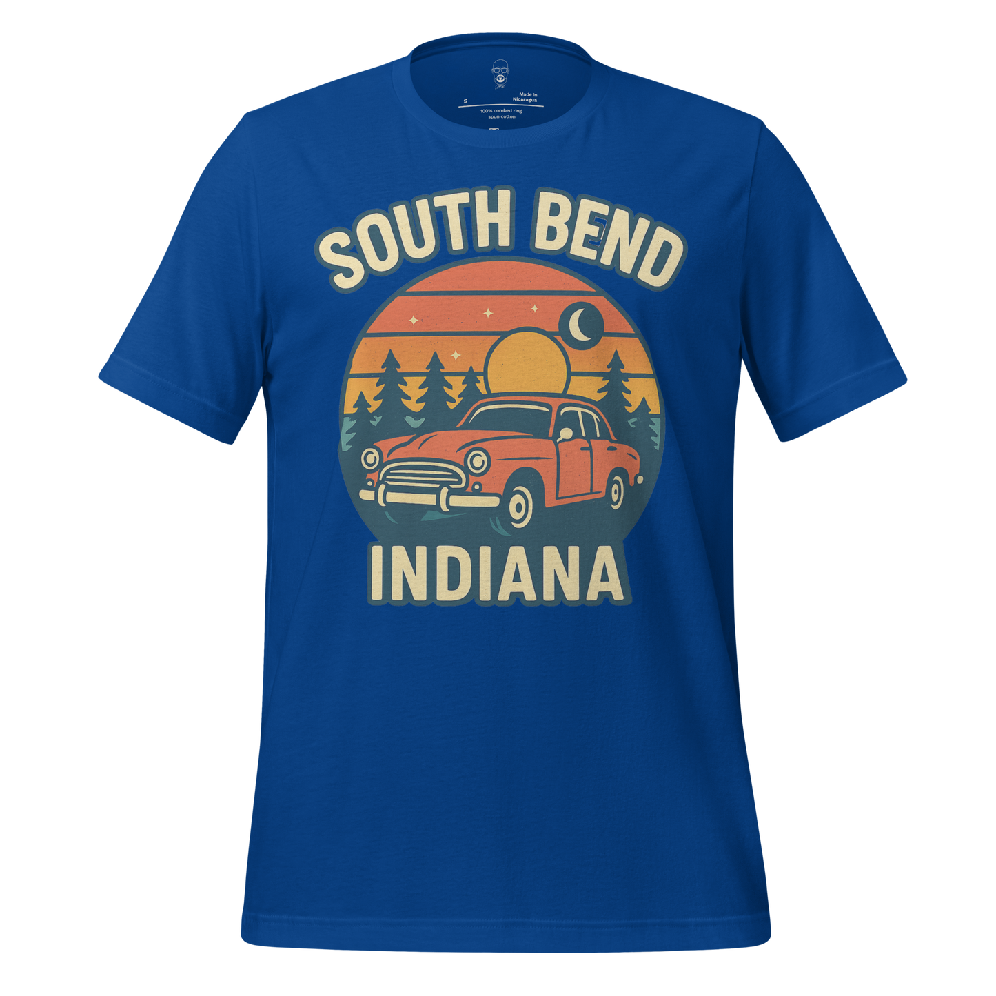 South Bend Graphic T-Shirt in blue with vintage car and sunset design for Indiana fans