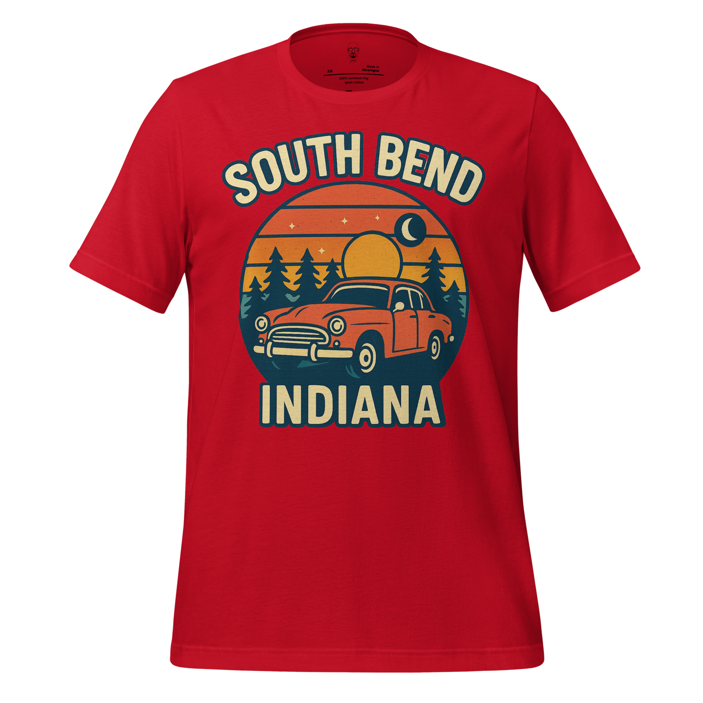 JMK Drip red South Bend Graphic T-Shirt featuring vintage car and sunset design