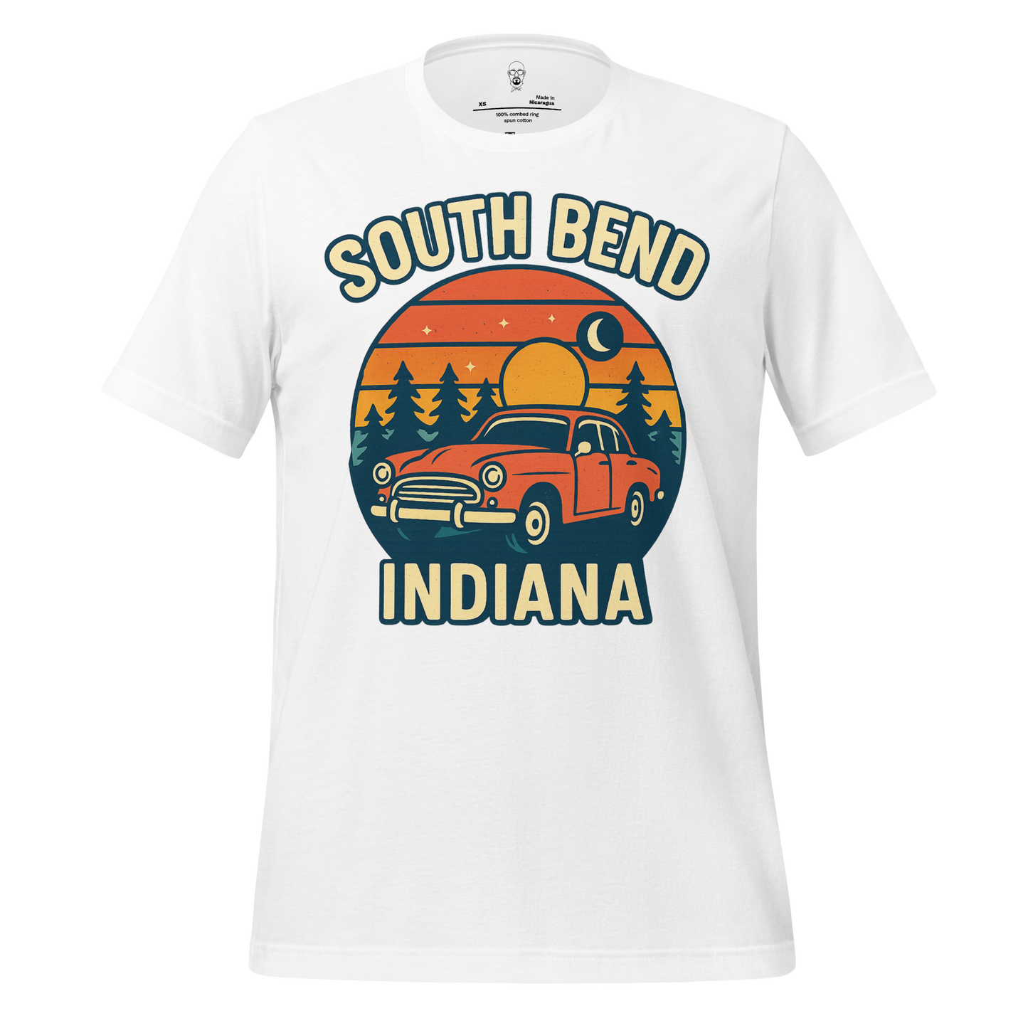 JMK Drip South Bend Graphic T-Shirt with vintage car and sunset design on white fabric