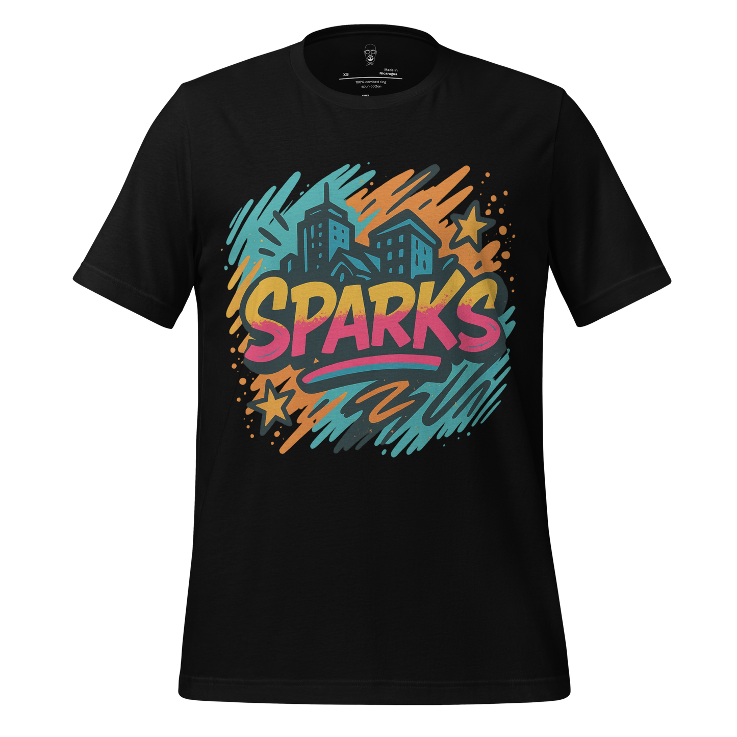 JMK Drip Sparks Graphic T-Shirt black crew neck with colorful city and star design