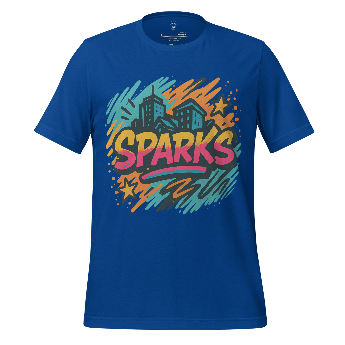 Blue Sparks Graphic T-Shirt with colorful cityscape and star design by JMK Drip