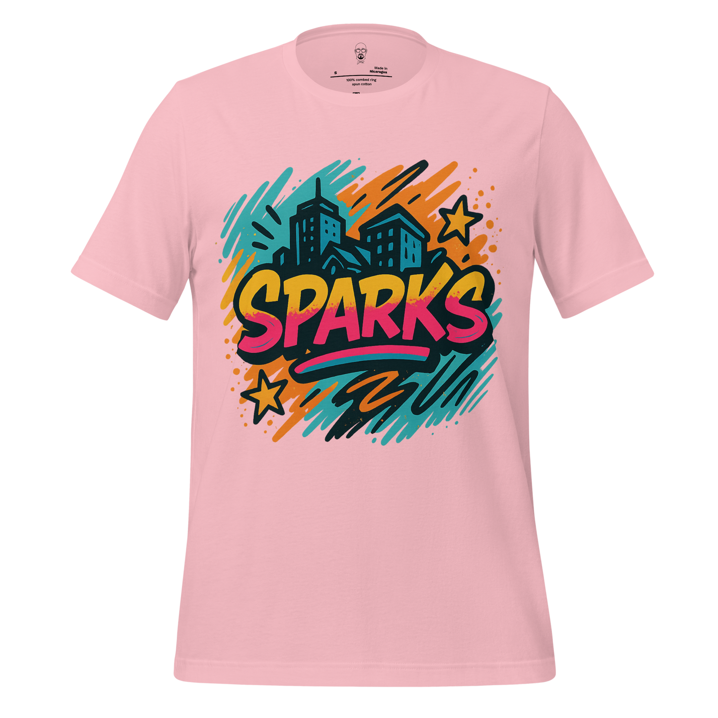 JMK Drip pink Sparks Graphic T-Shirt with colorful cityscape and star design