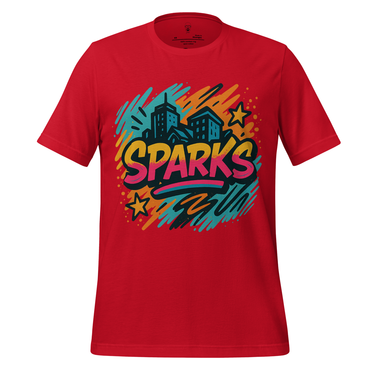 JMK Drip red Sparks Graphic T-Shirt with colorful cityscape and star design on front