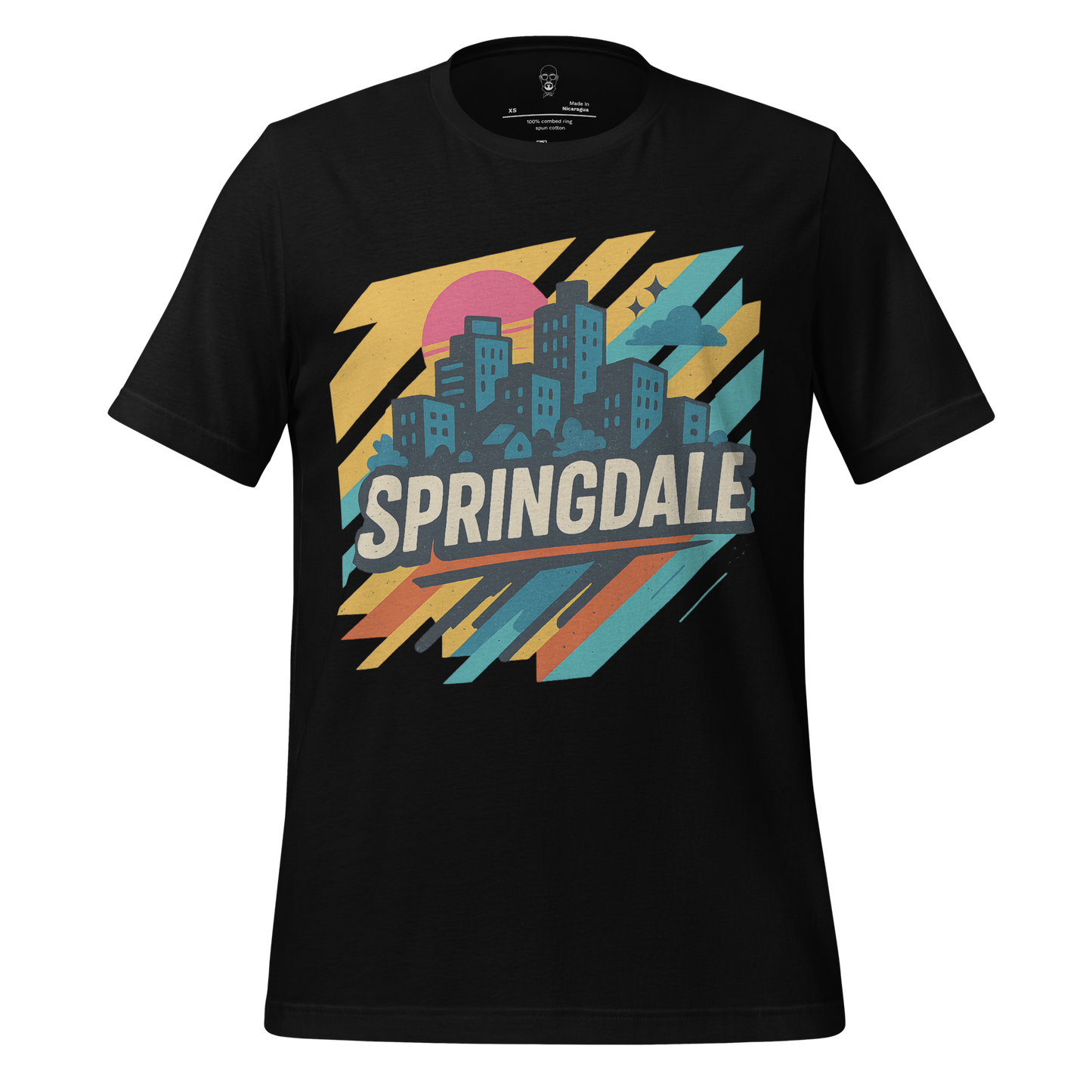 JMK Drip black Springdale Graphic T-Shirt with colorful city skyline and retro design