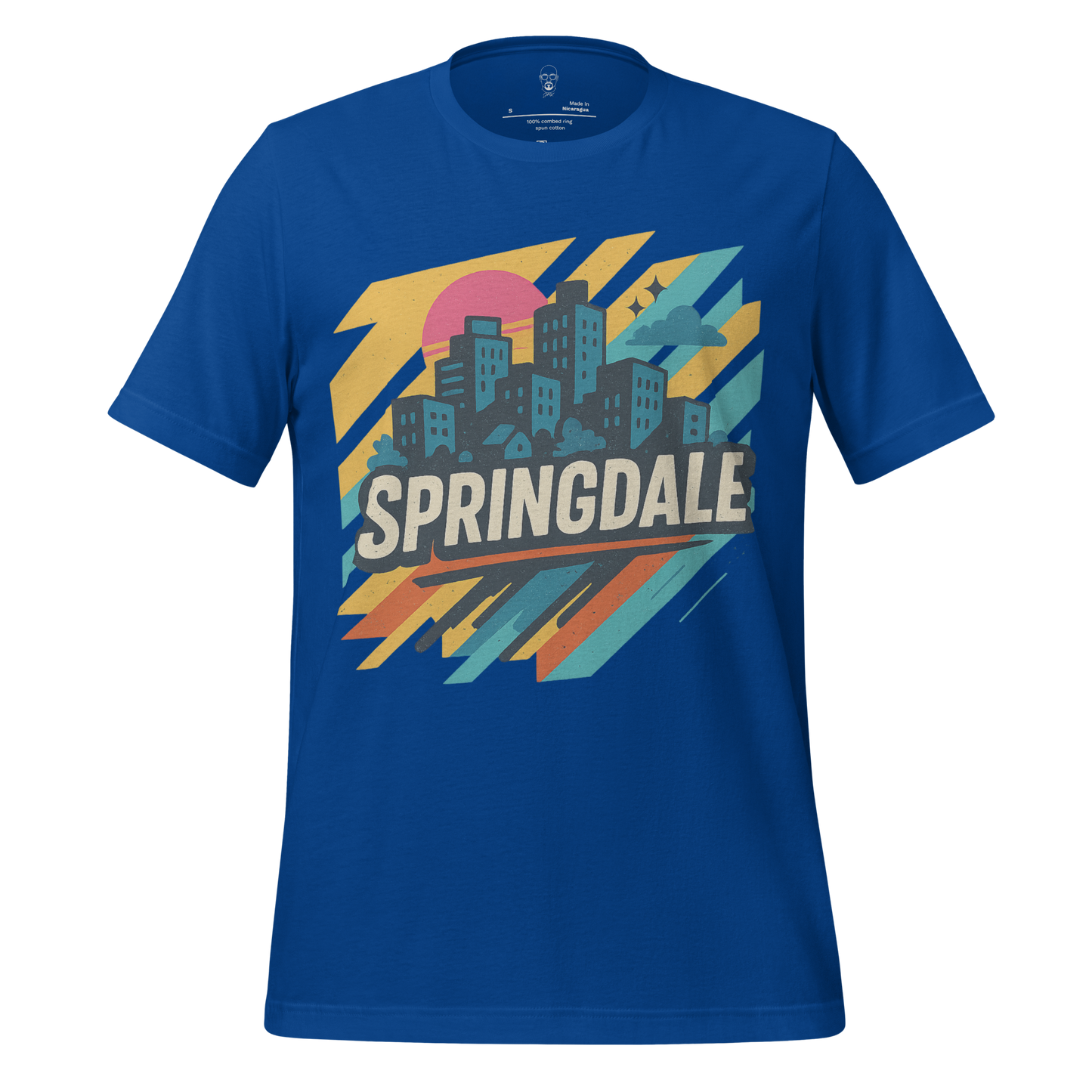 JMK Drip blue Springdale Graphic T-Shirt with colorful city skyline and retro sun design