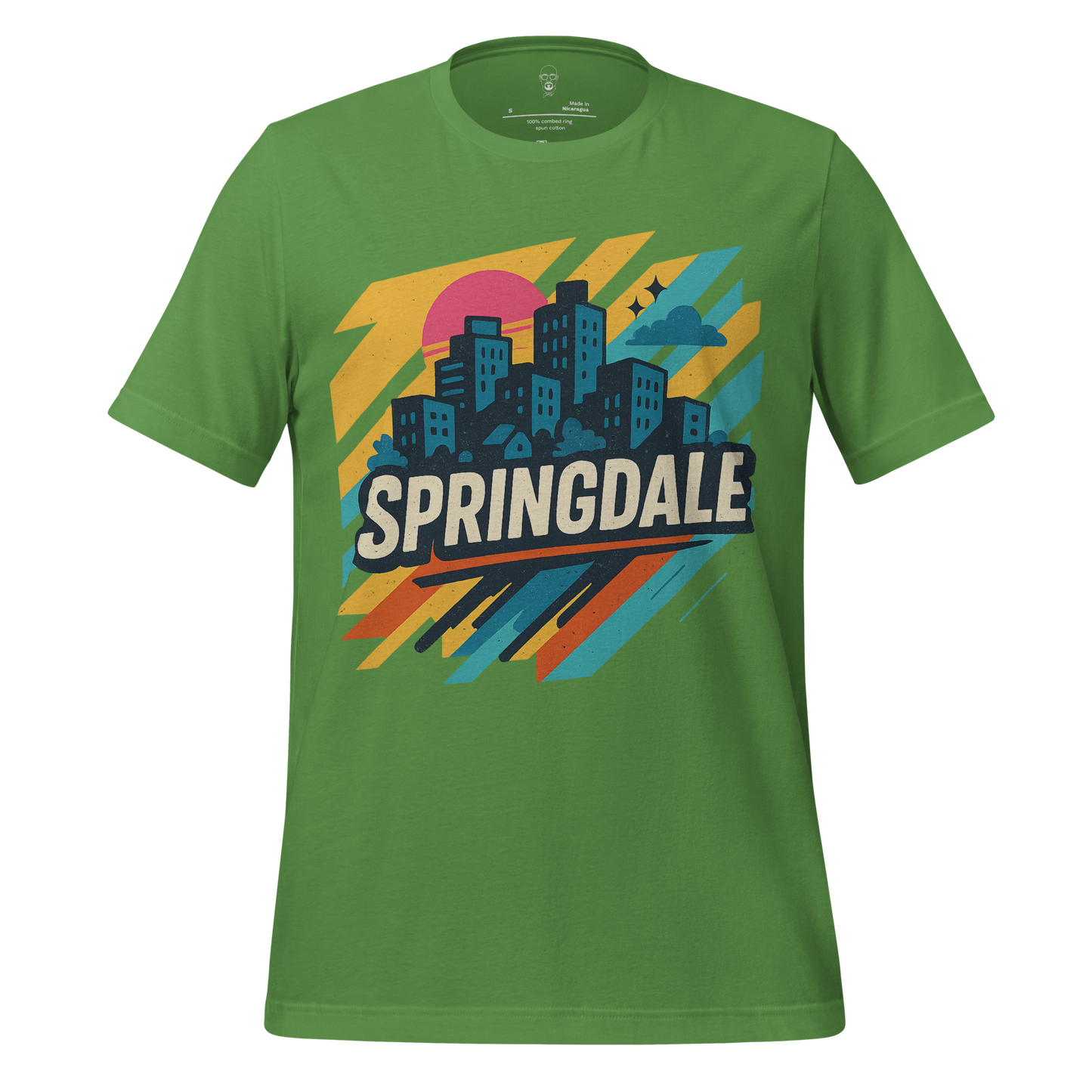 JMK Drip green Springdale Graphic T-Shirt with colorful cityscape and bold text design
