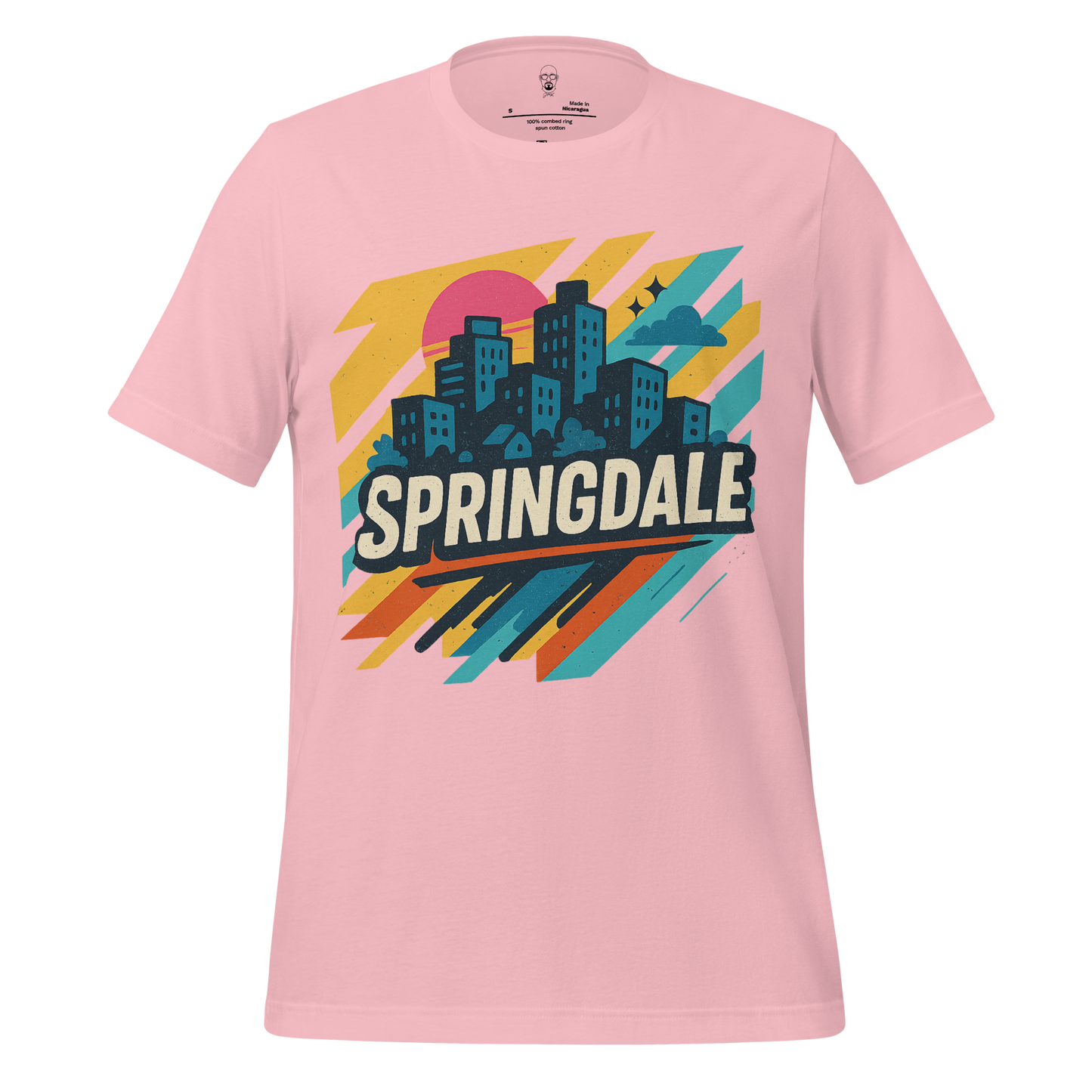 JMK Drip pink Springdale Graphic T-Shirt with colorful city skyline design and bold text