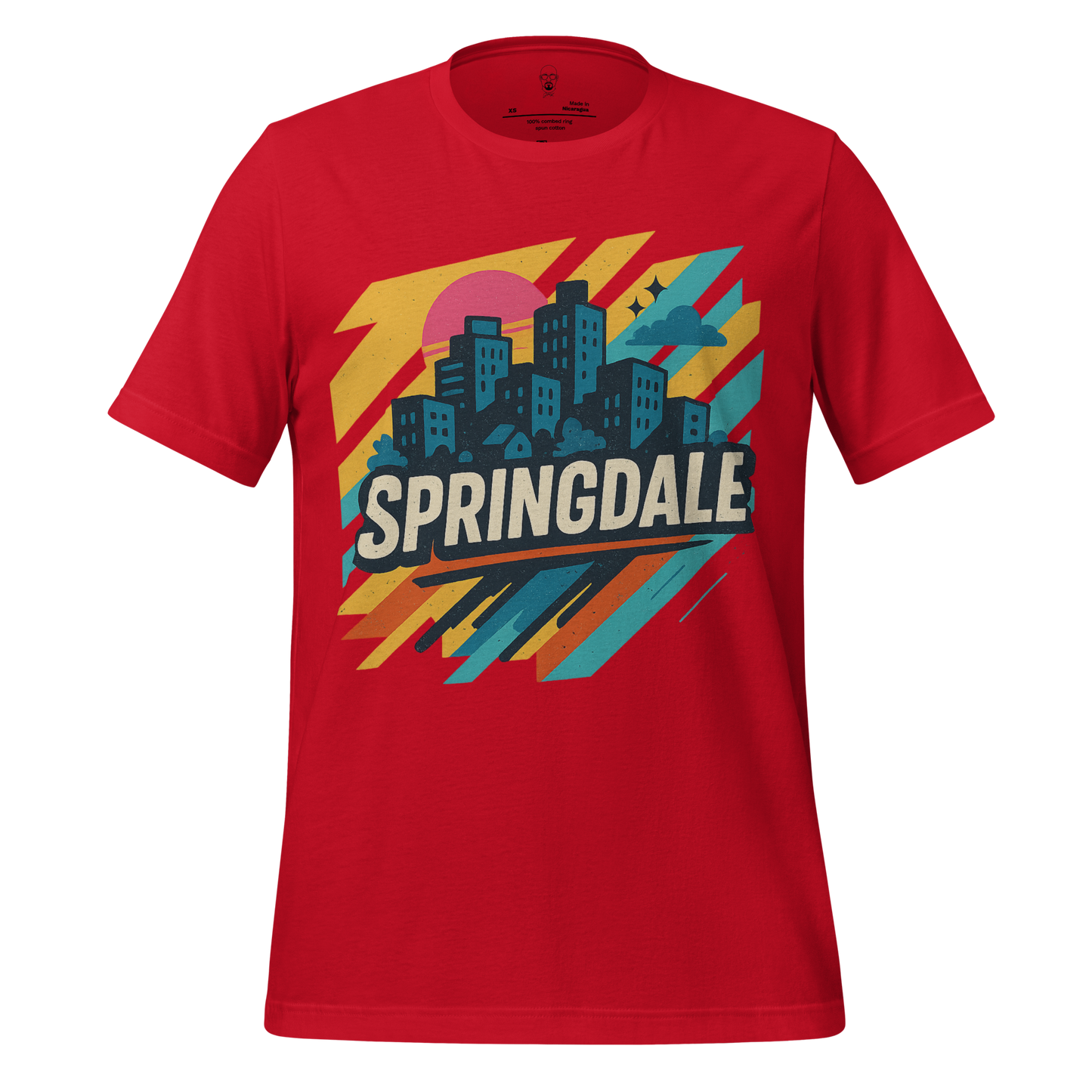 Red Springdale Graphic T-Shirt by JMK Drip with colorful cityscape design and bold lettering