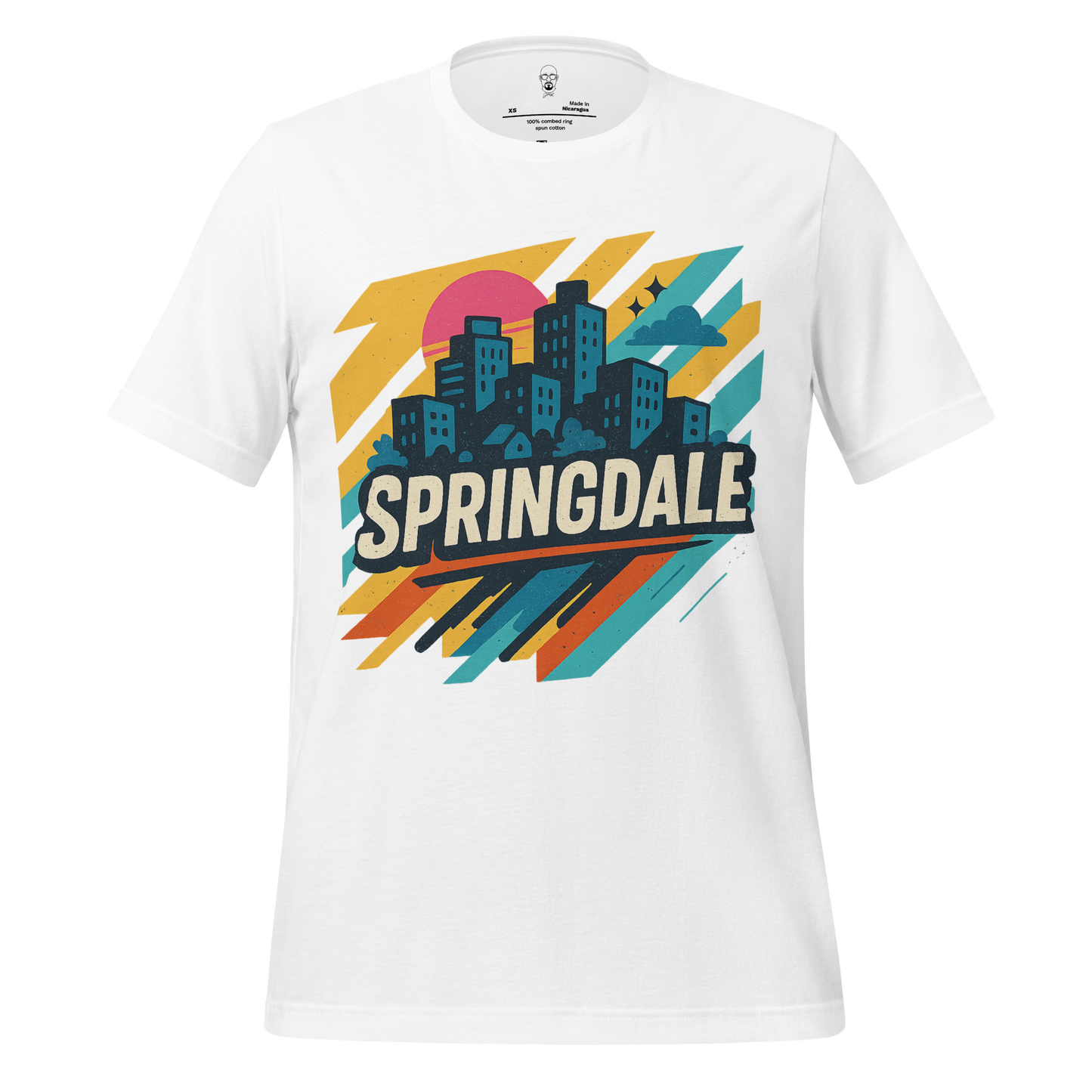 White t-shirt with colorful city skyline and text Springdale graphic t-shirt by JMK Drip
