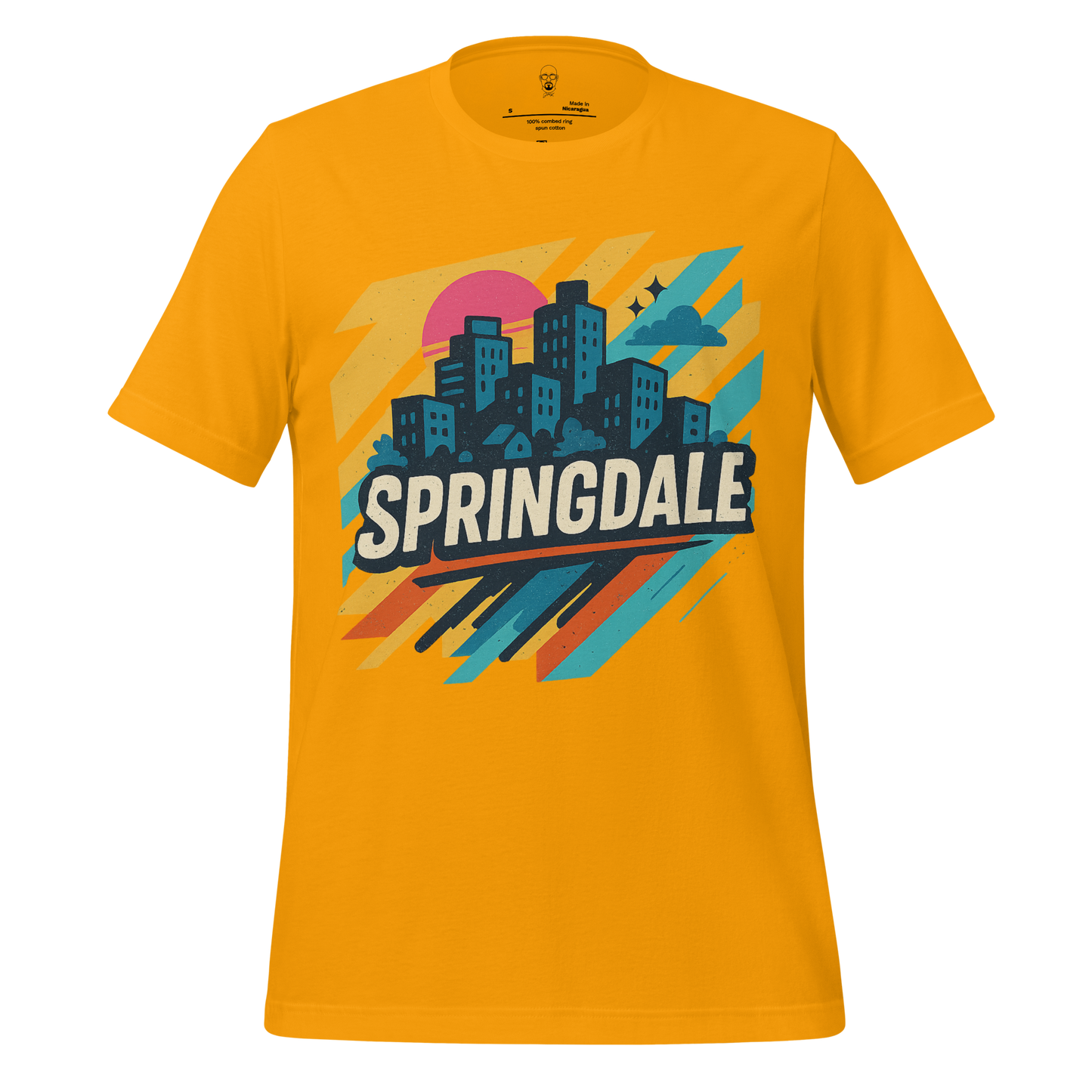 Yellow JMK Drip Springdale Graphic T-Shirt with city skyline and colorful abstract design