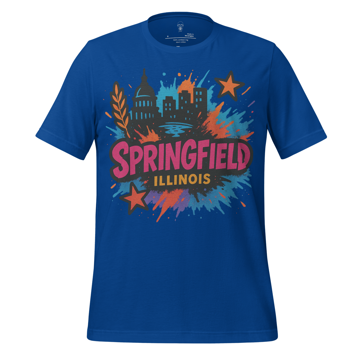 JMK Drip blue Springfield Graphic T-Shirt with colorful city skyline and stars design