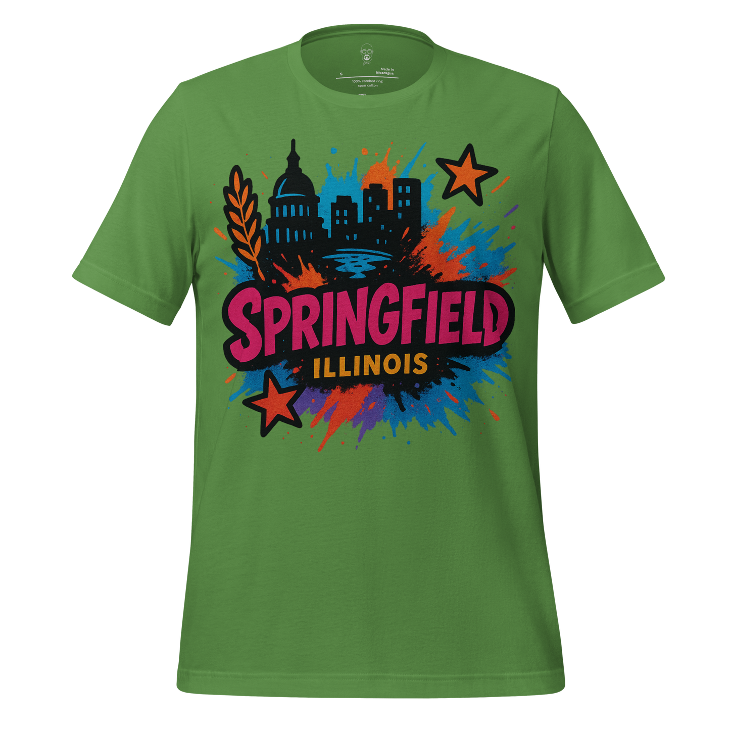 Green Springfield Graphic T-Shirt featuring colorful city skyline and Illinois text by JMK Drip