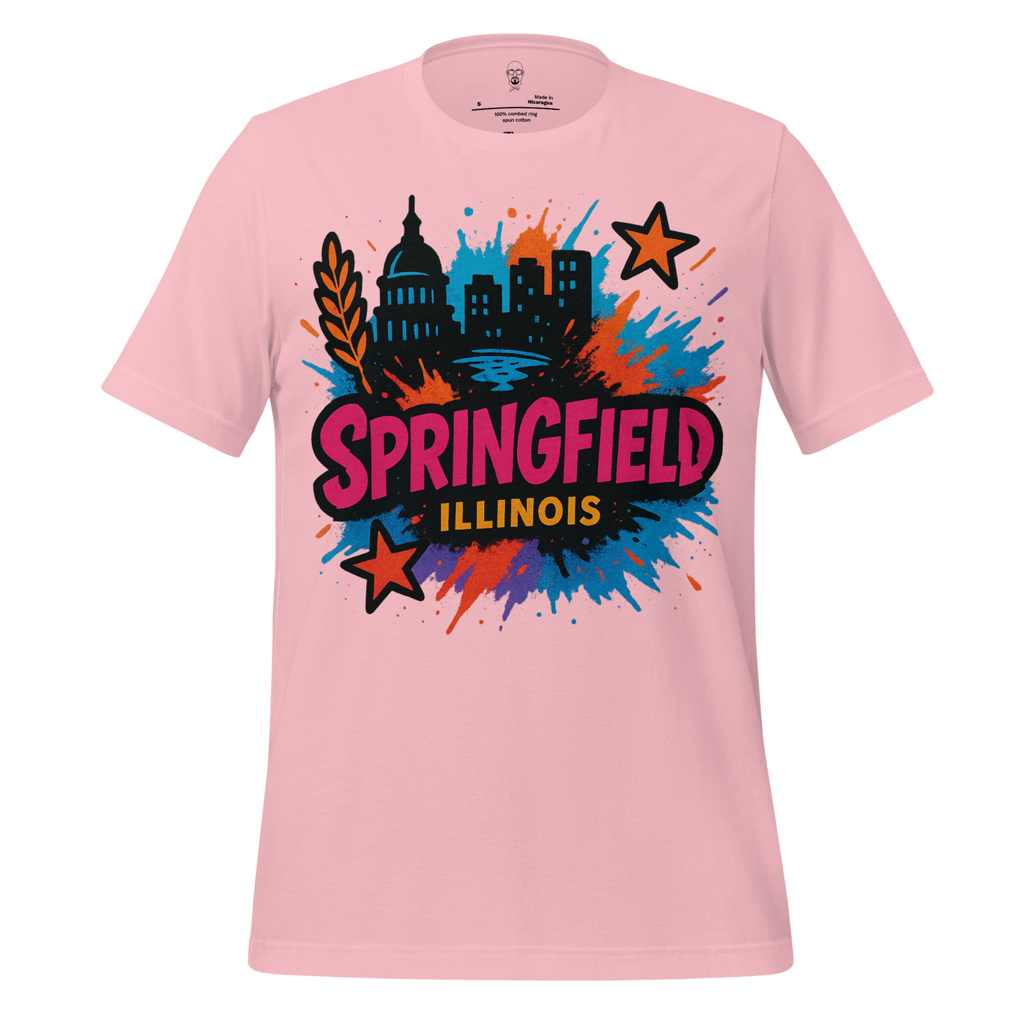 Pink Springfield Graphic T-Shirt with colorful city skyline and stars design by JMK Drip