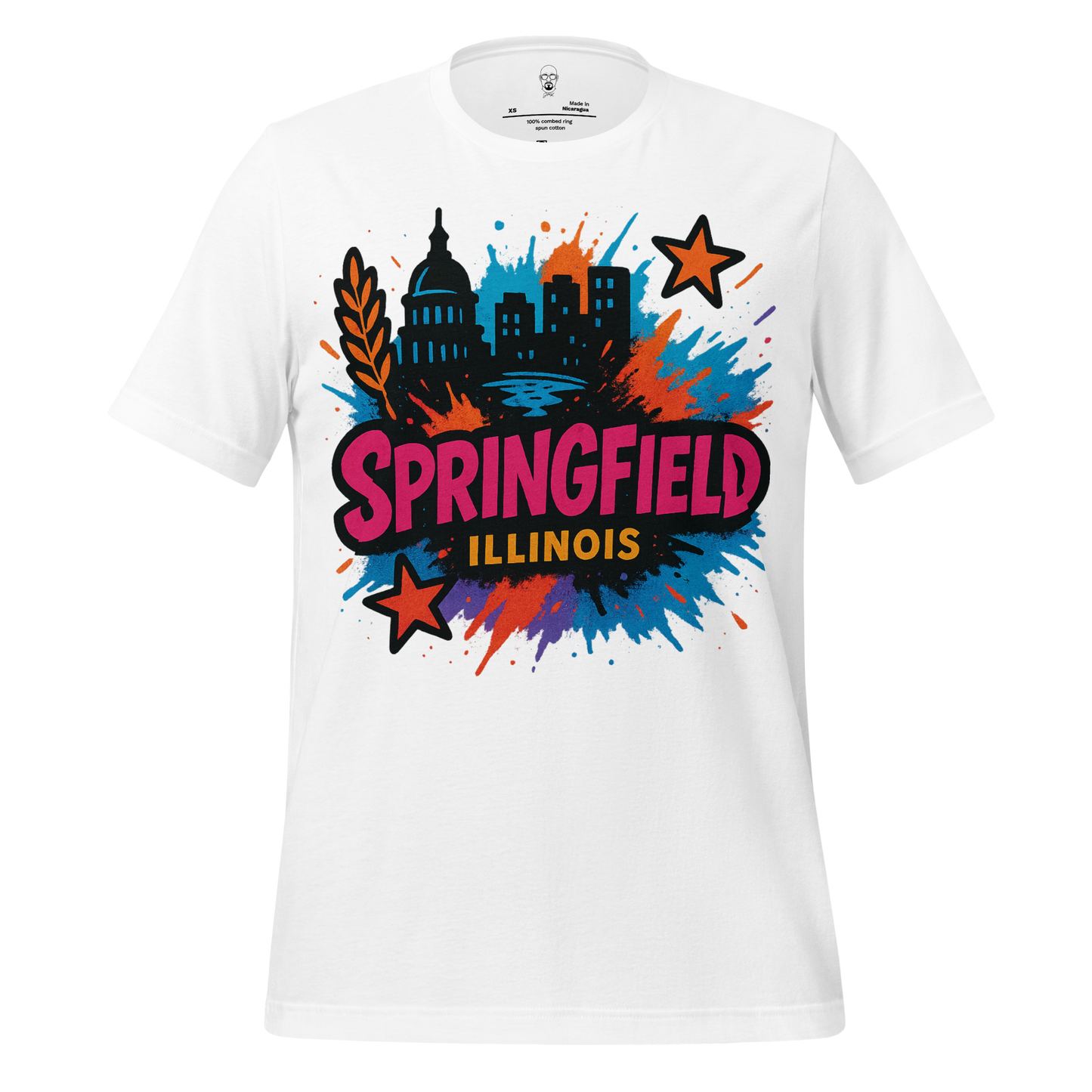 White Springfield Graphic T-Shirt with colorful city skyline and stars design by JMK Drip