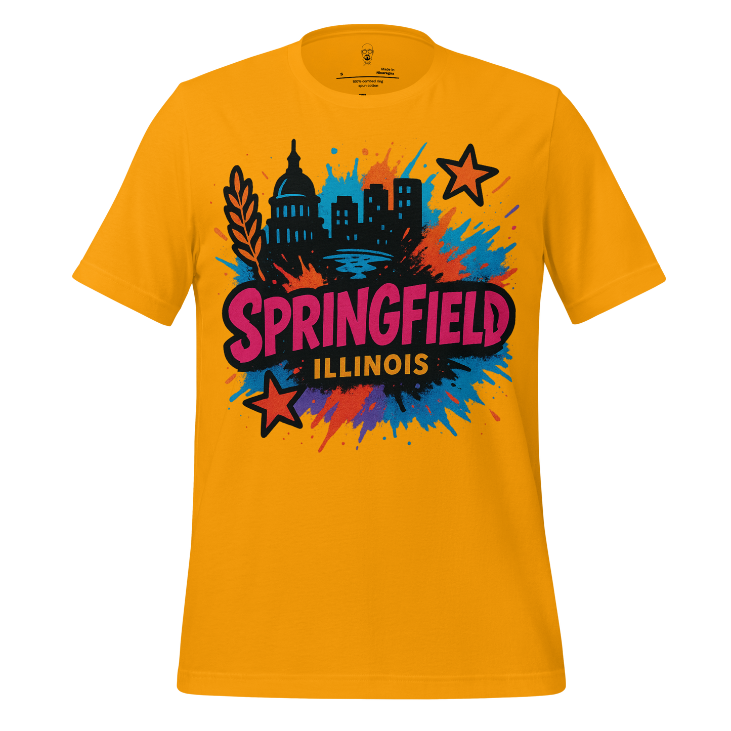 JMK Drip Springfield Graphic T-Shirt in yellow with colorful city skyline and stars design