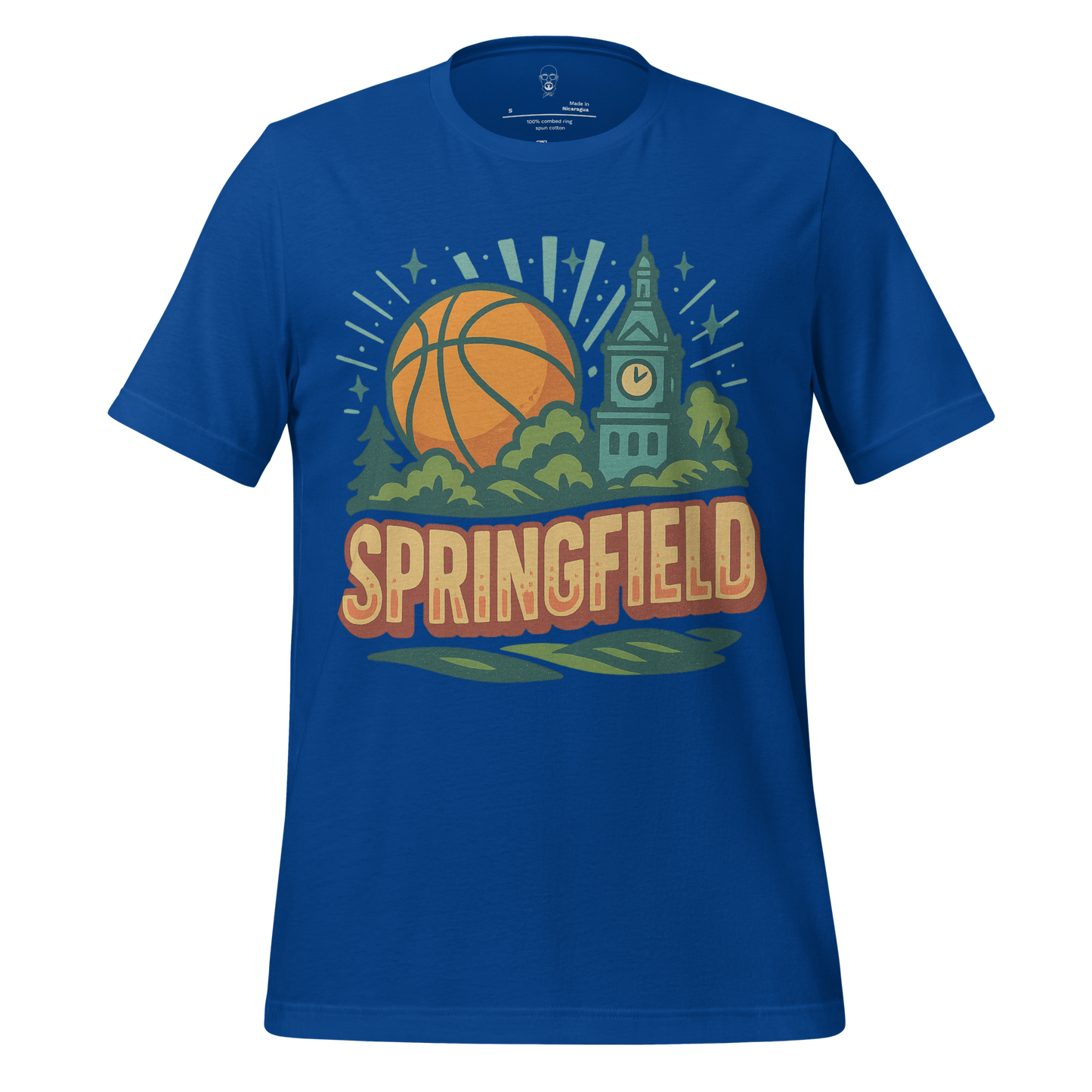 Blue Springfield, Massachusetts Graphic T Shirt with basketball and clock tower design by JMK Drip
