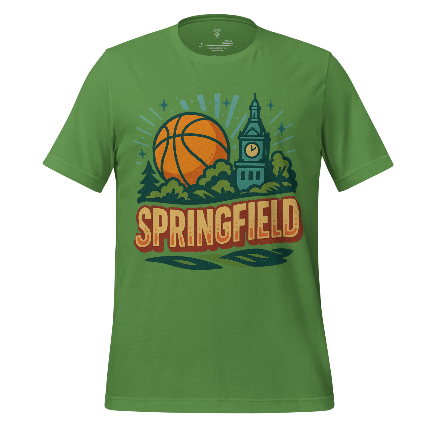 Green Springfield, Massachusetts Graphic T-Shirt with basketball and clock tower design