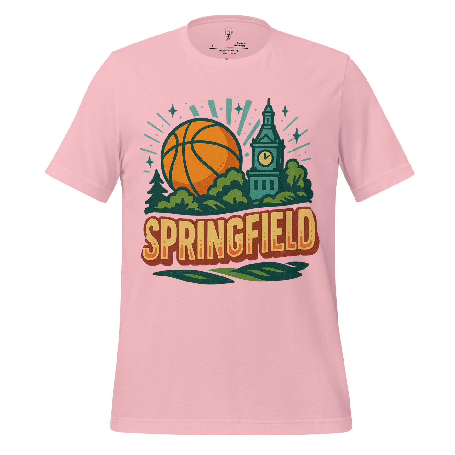 Pink Springfield, Massachusetts Graphic T-Shirt featuring basketball and landmark design by JMK Drip