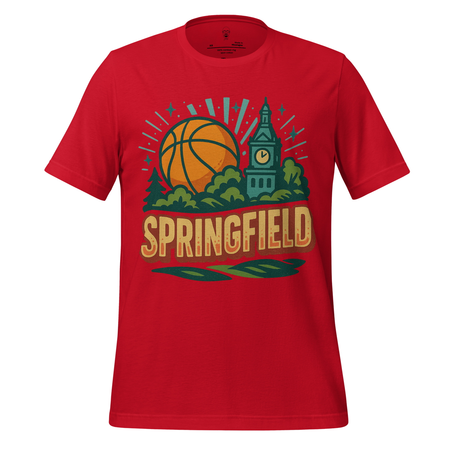 Red Springfield, Massachusetts Graphic T-Shirt with basketball and city skyline design by JMK Drip